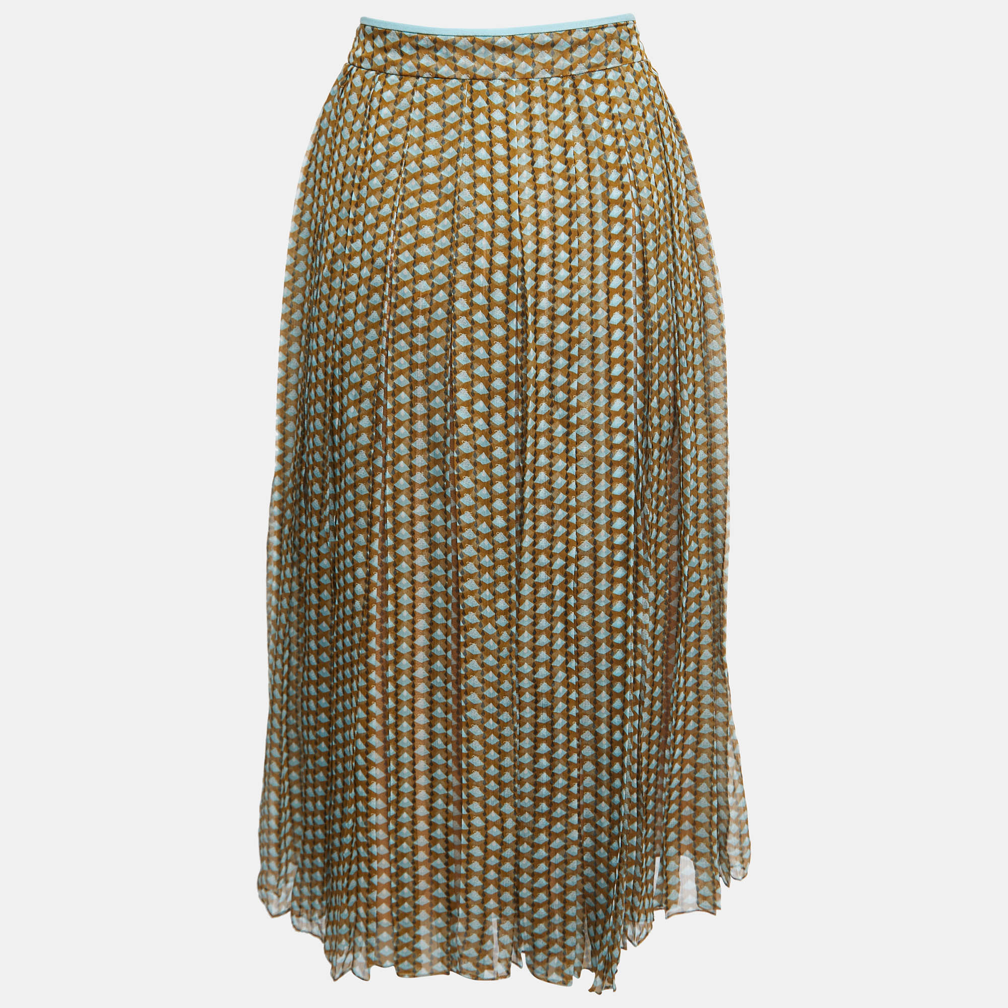 

Fendi Brown/Blue Geometric Printed Silk Pleated Midi Skirt