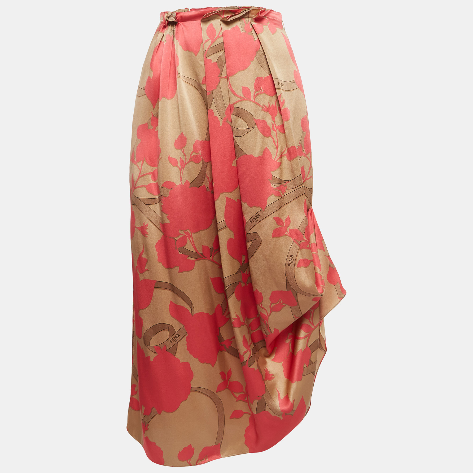 

Fendi Pink Floral Print Silk Pleated Asymmetric Midi Skirt