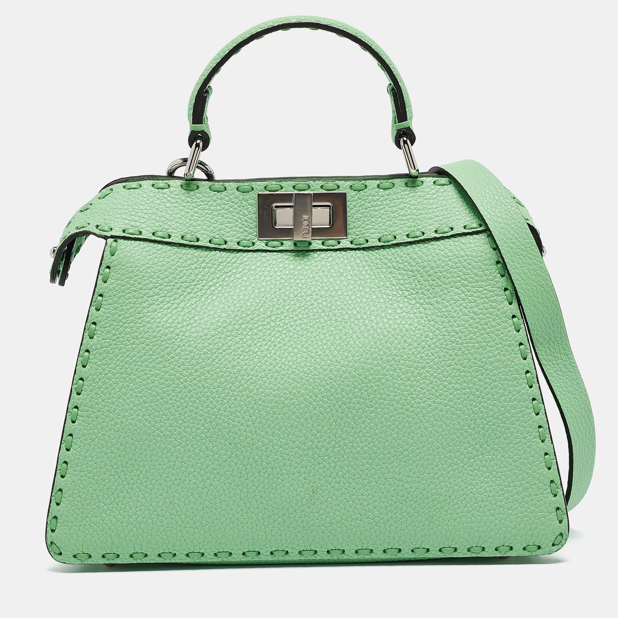 

Fendi Green Selleria Leather Small Peekaboo ISeeU Top Handle Bag