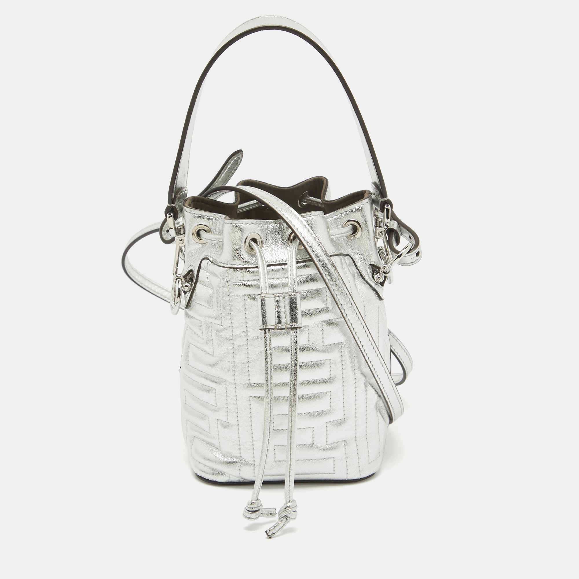 

Fendi x Marc Jacobs Silver Embossed Leather Mini Mon Tresor Drawstring Bucket Bag