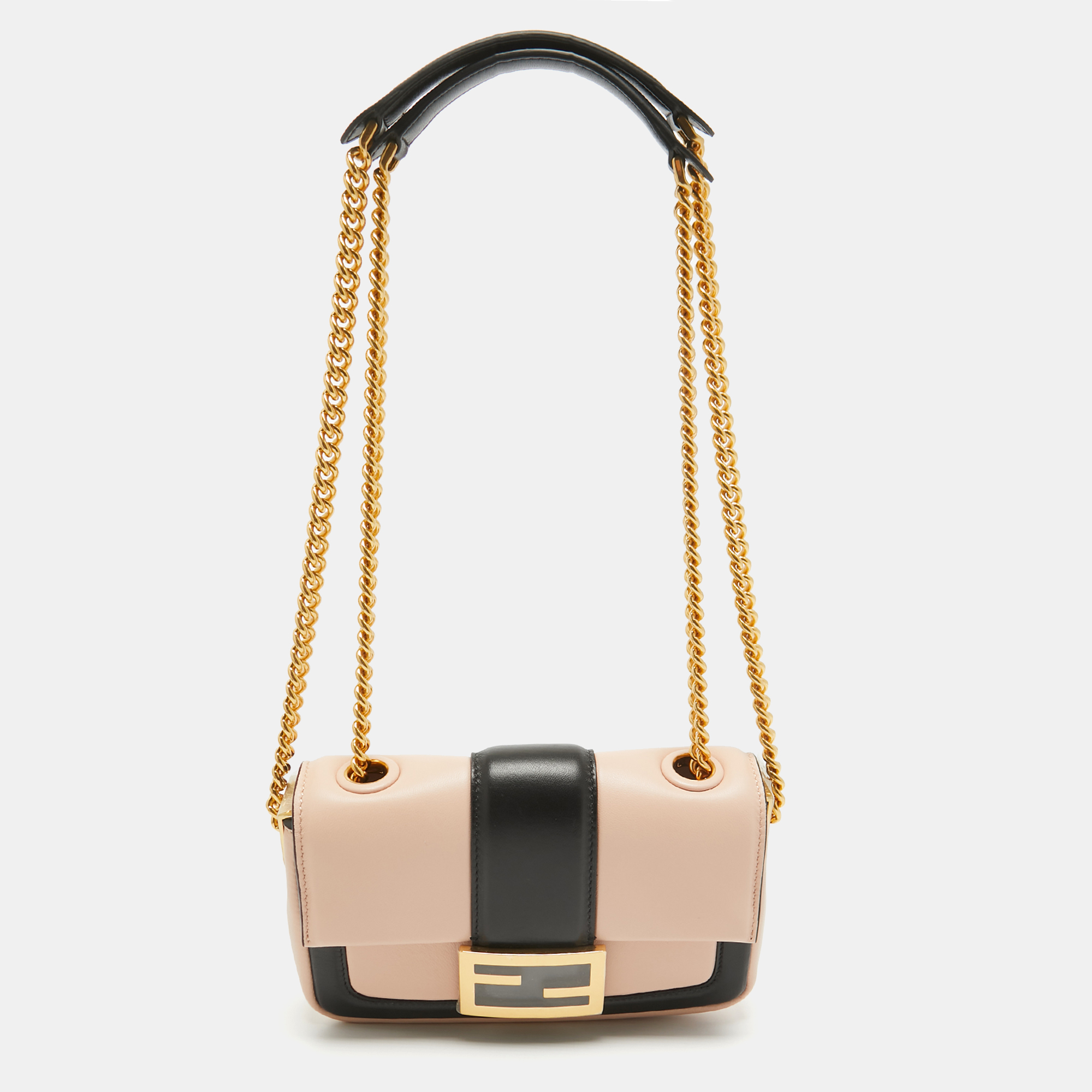 

Fendi Pink/Black Leather Mini Baguette Chain Bag