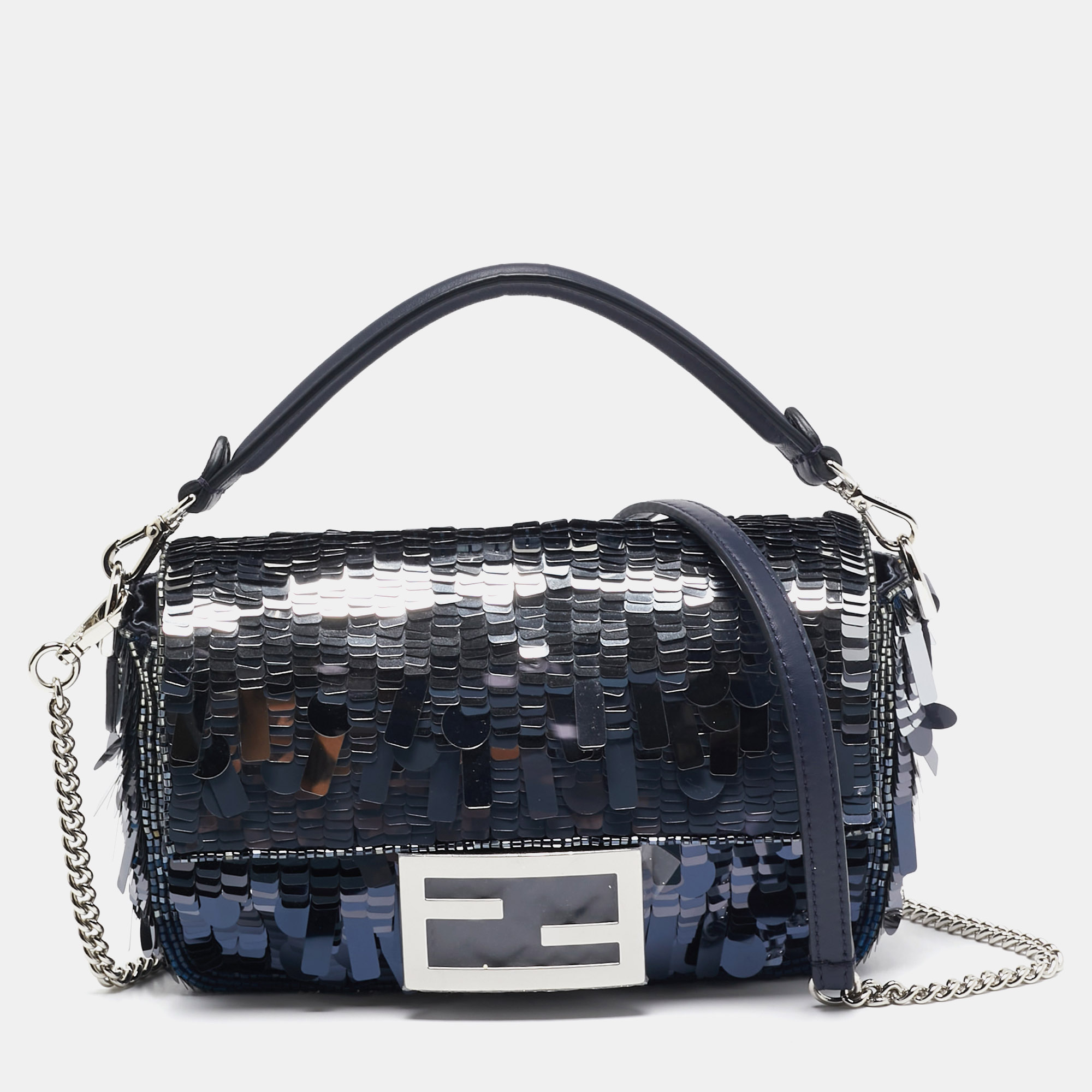 

Fendi Navy Blue Sequins and Beads Mini Baguette Chain Bag