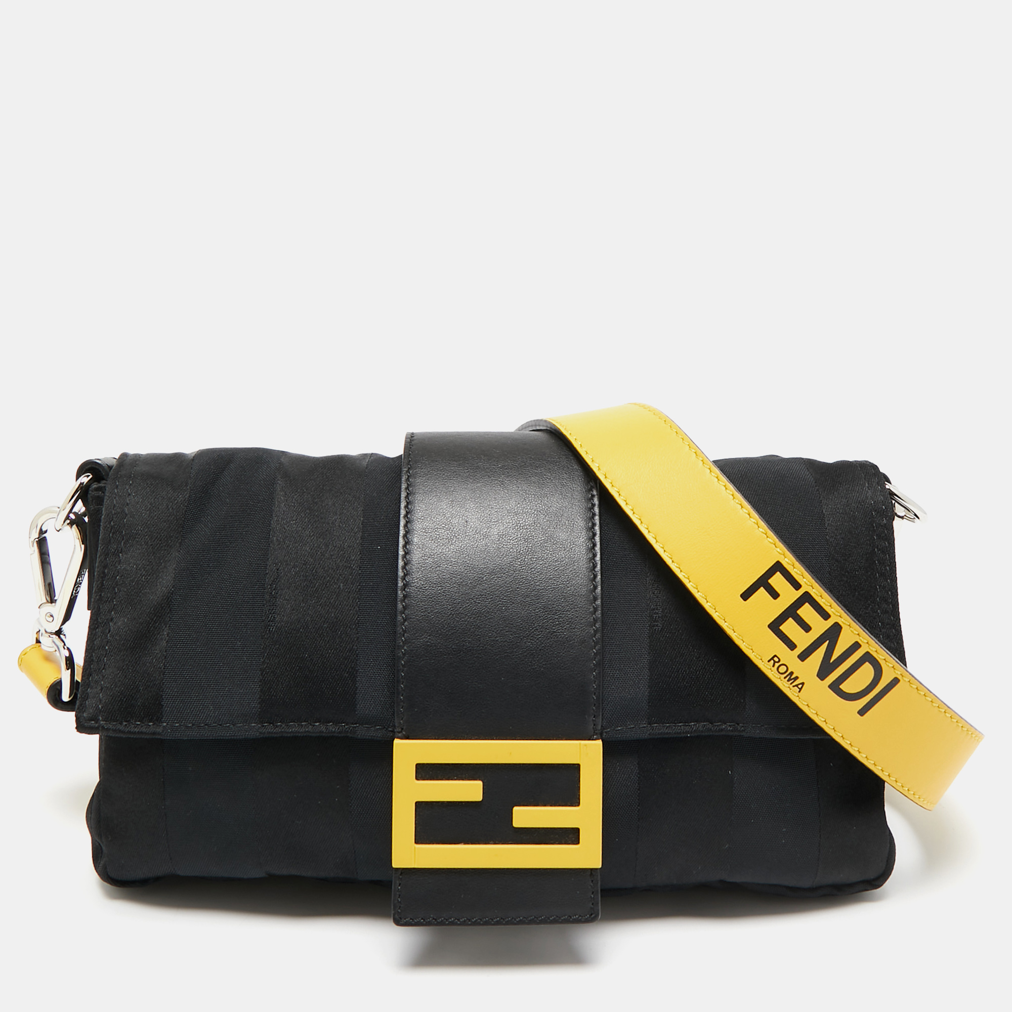 

Fendi Black Leather and Nylon Pequin Stripe Baguette Flap Bag