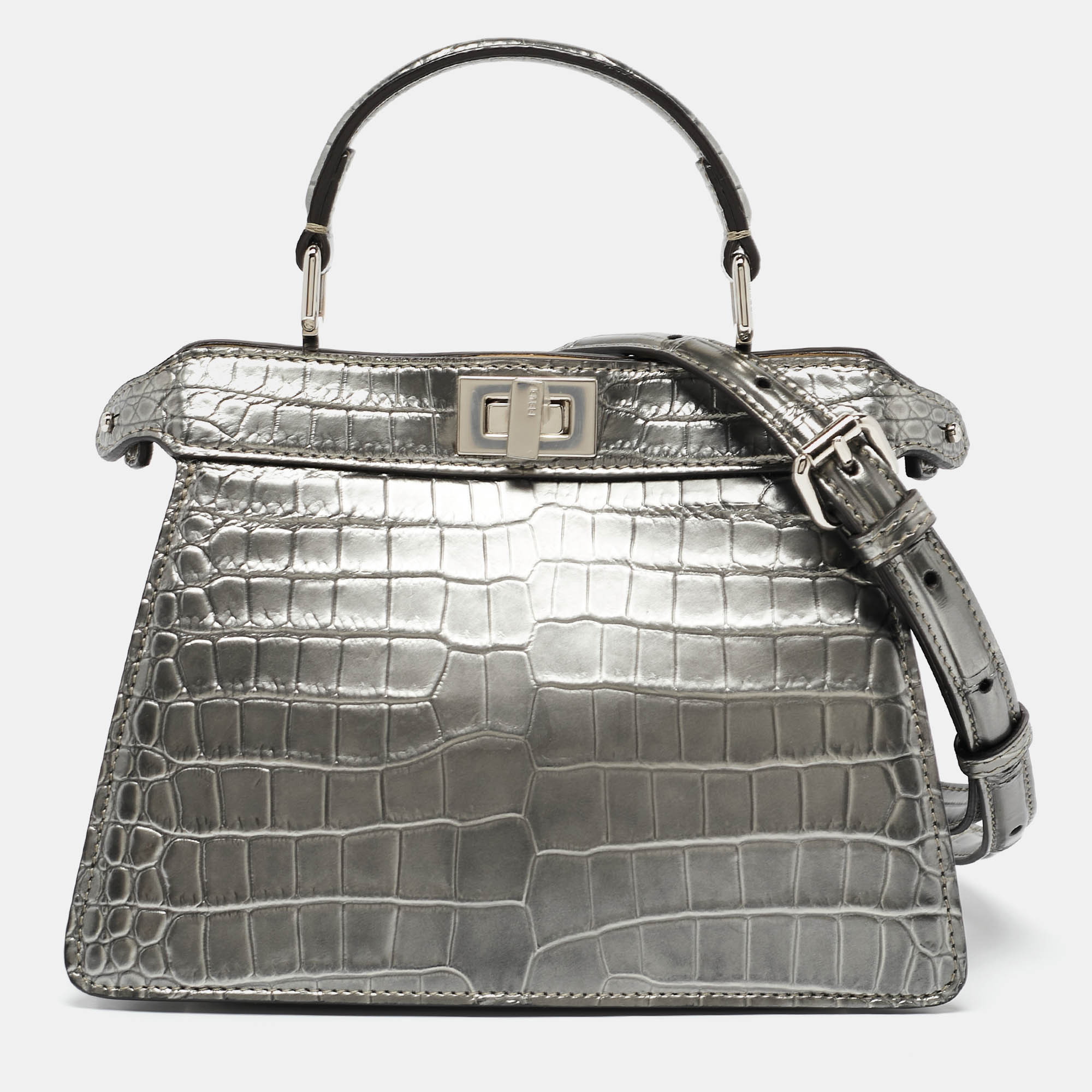 

Fendi Grey Crocodile Niloticus Petite Peekaboo ISeeU Top Handle Bag