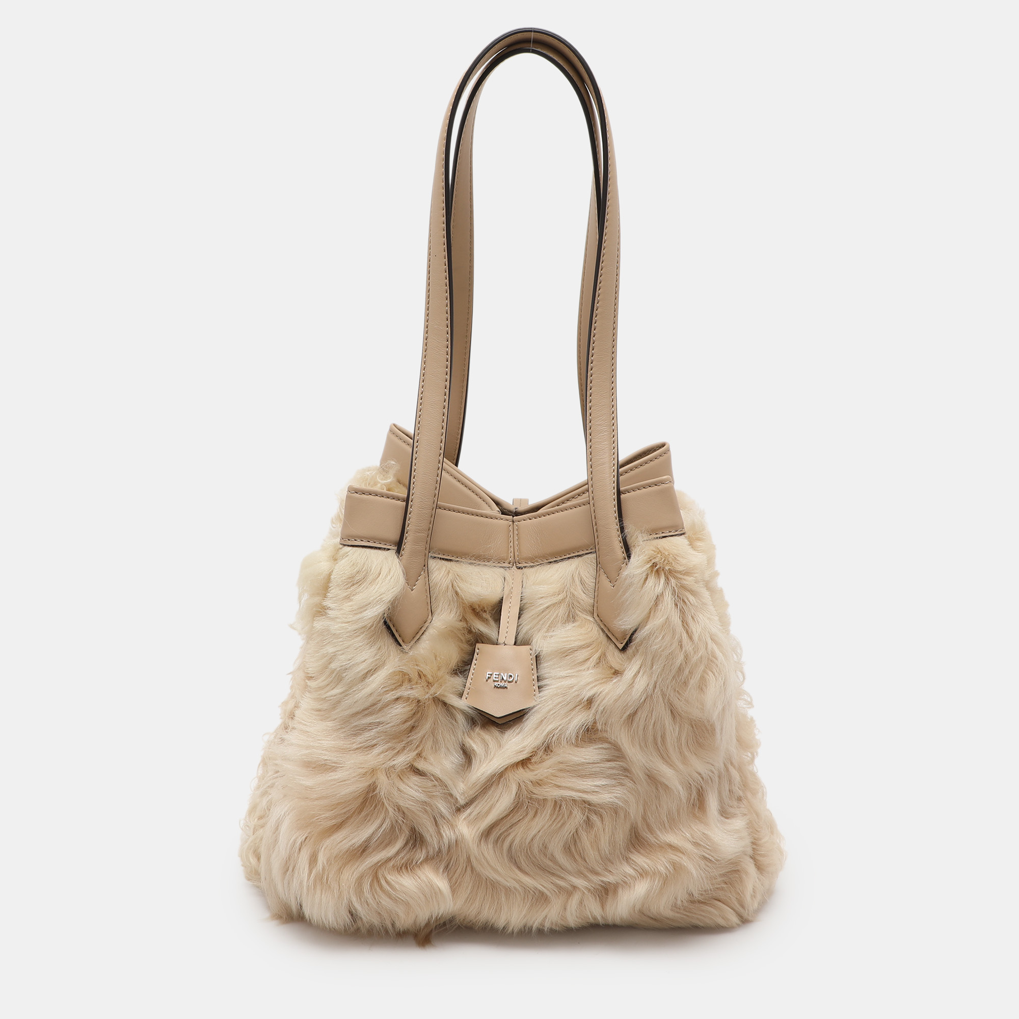 Pre-owned Fendi Beige Lamb Fur And Leather Medium Origami Tote