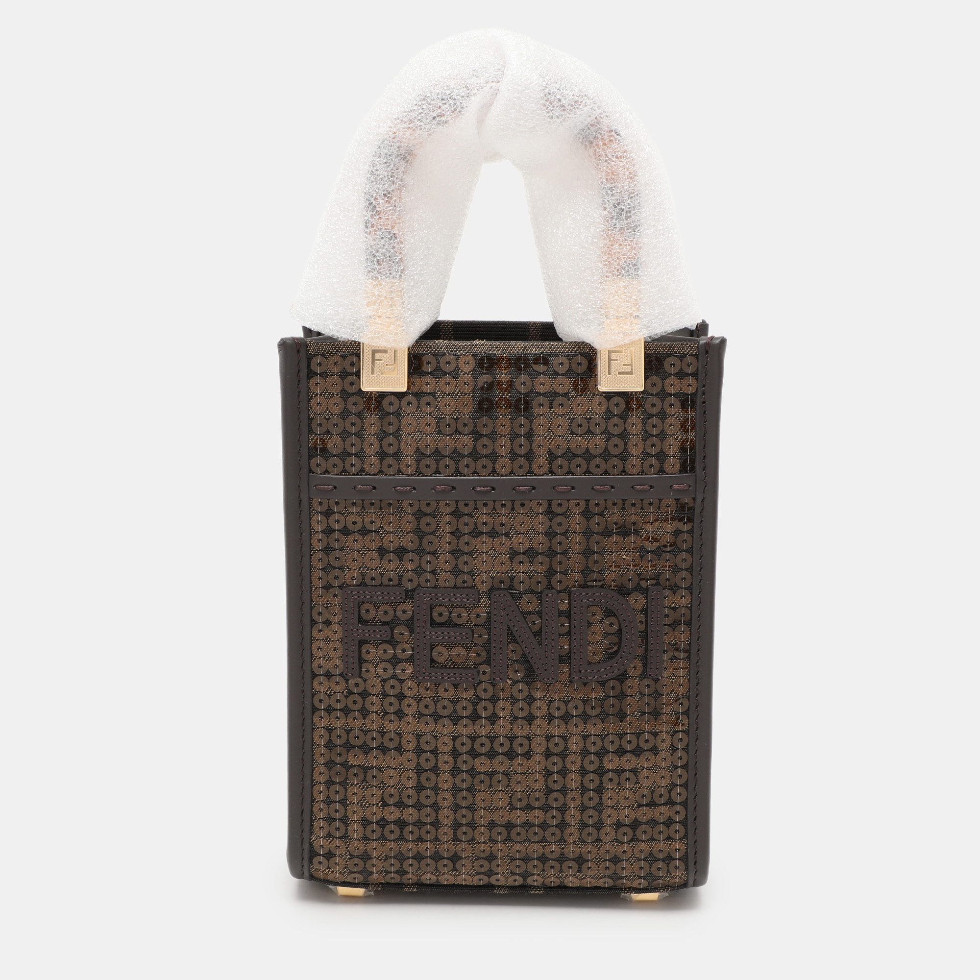 Pre-owned Fendi Brown Sequins Canvas And Leather Mini Sunshine Tote