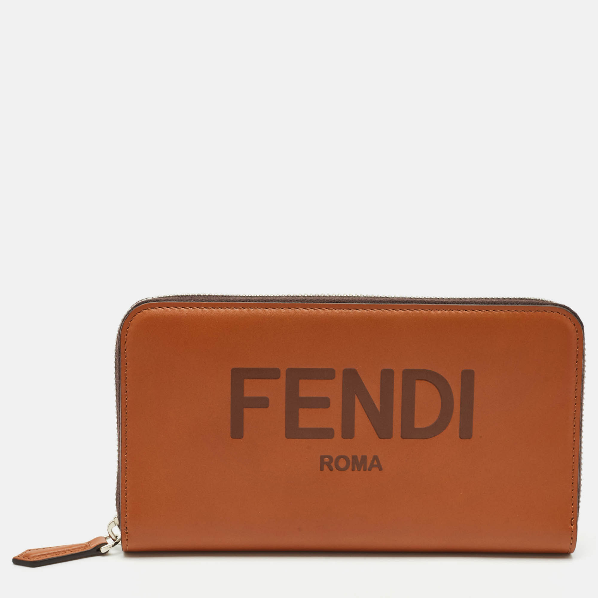

Fendi Brown Leather Logo Embossed Zip Around Wallet