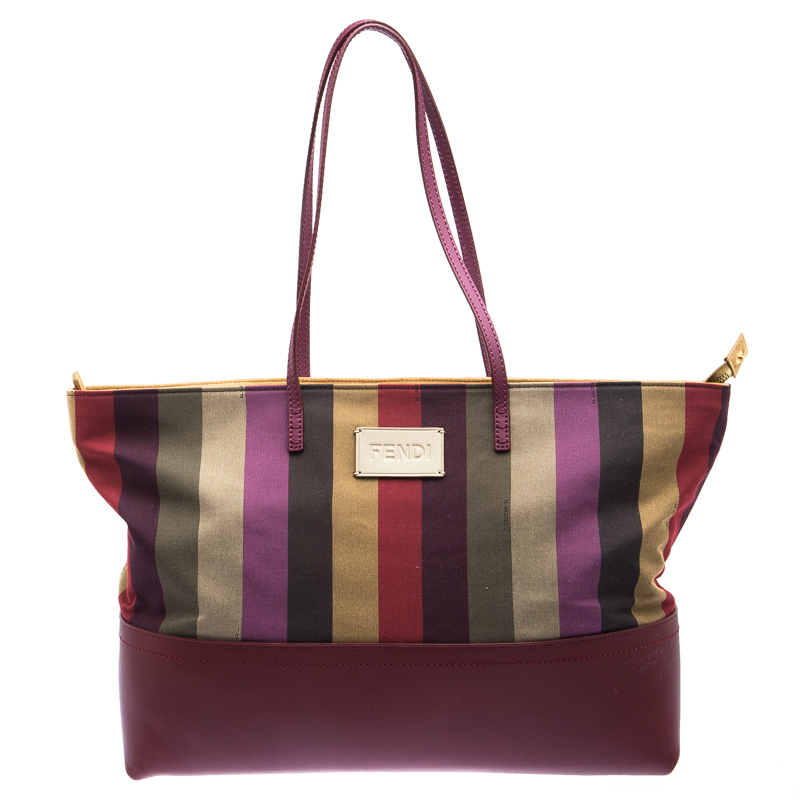 Pre Owned Fendi Multicolor Pequin Canvas and Leather Roll Tote 