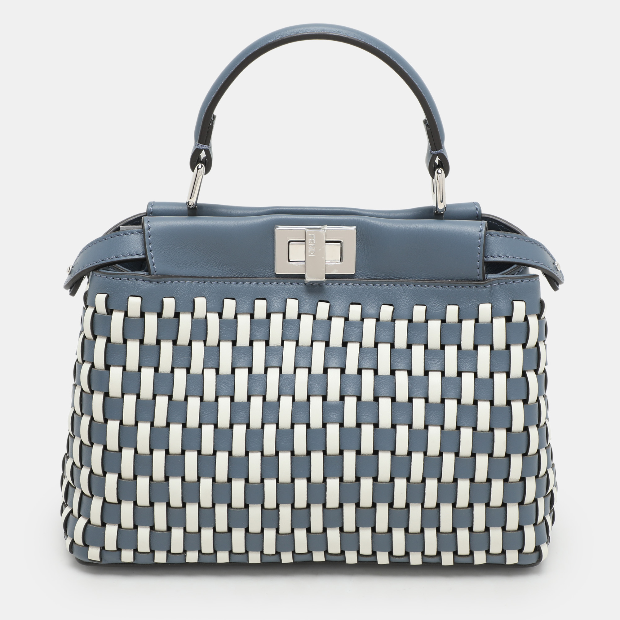 

Fendi Blue/White Woven Leather Mini Peekaboo Top Handle Bag