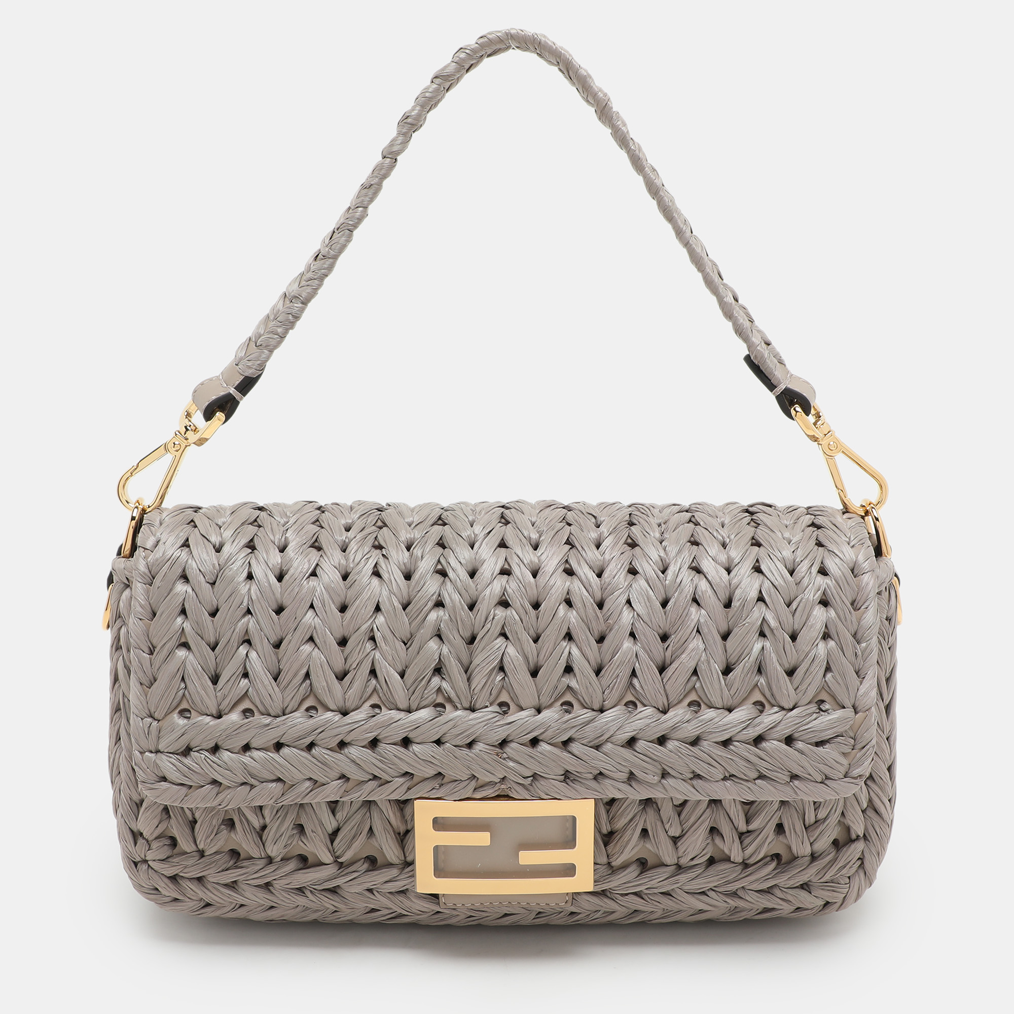 

Fendi Grey Raffia and Leather Baguette Bag