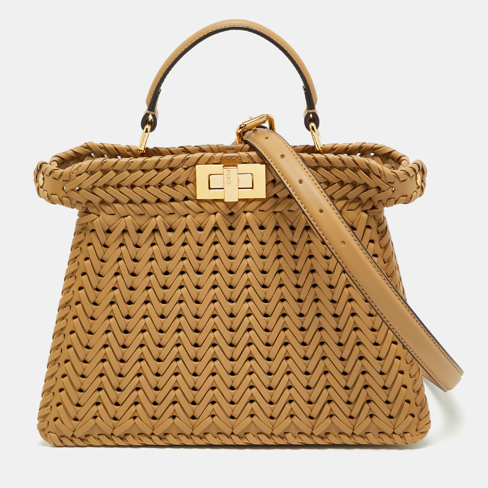 

Fendi Beige Leather Small Braided Peekaboo ISeeU Top Handle Bag
