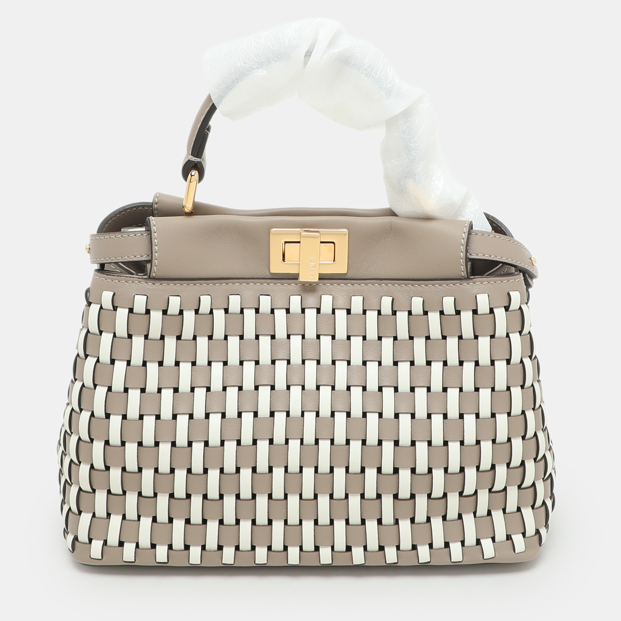 

Fendi Toupe/White Woven Leather Mini Peekaboo Top Handle Bag, Grey