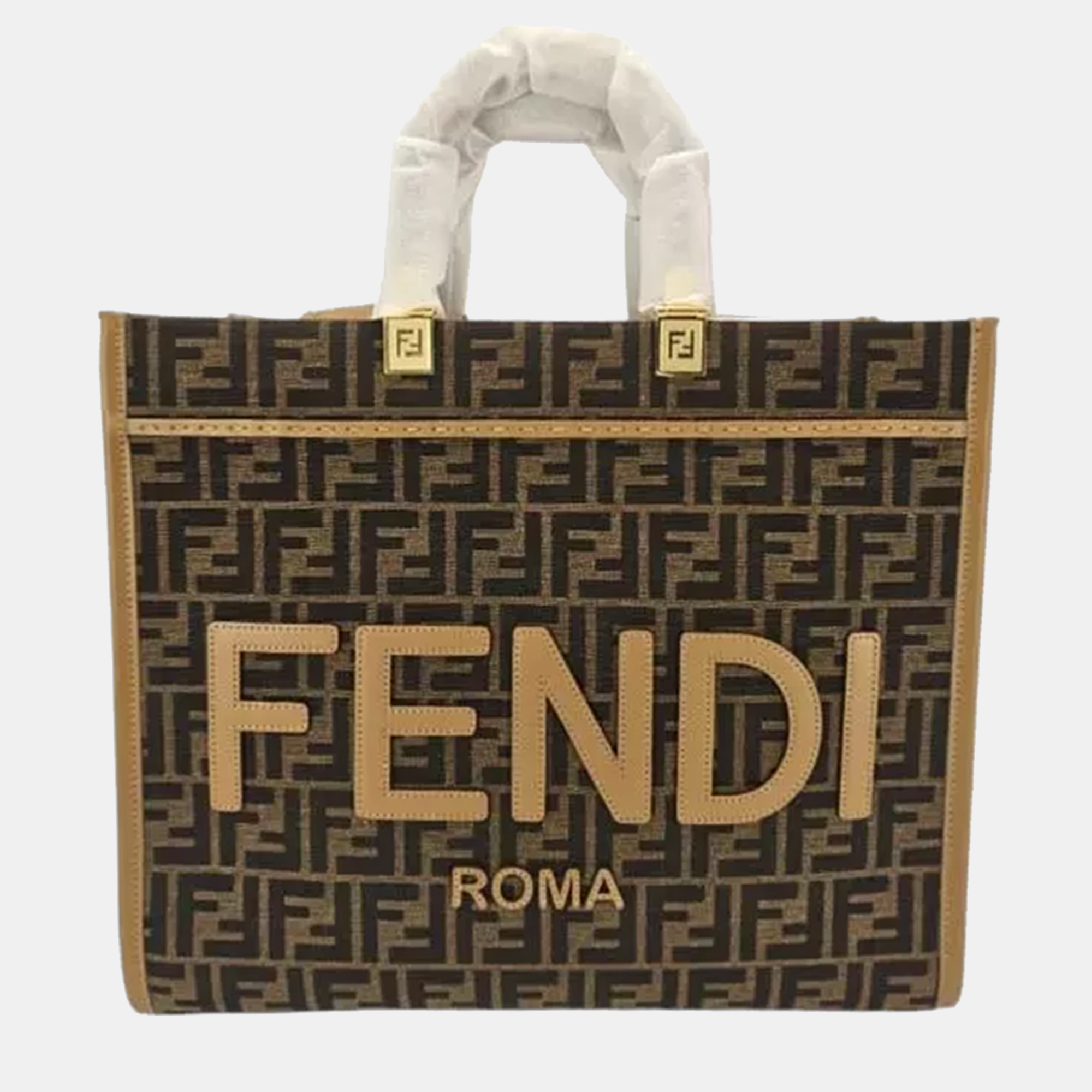 

Fendi Sunshine Medium Brown FF Jacquard and Leather Tote Bag