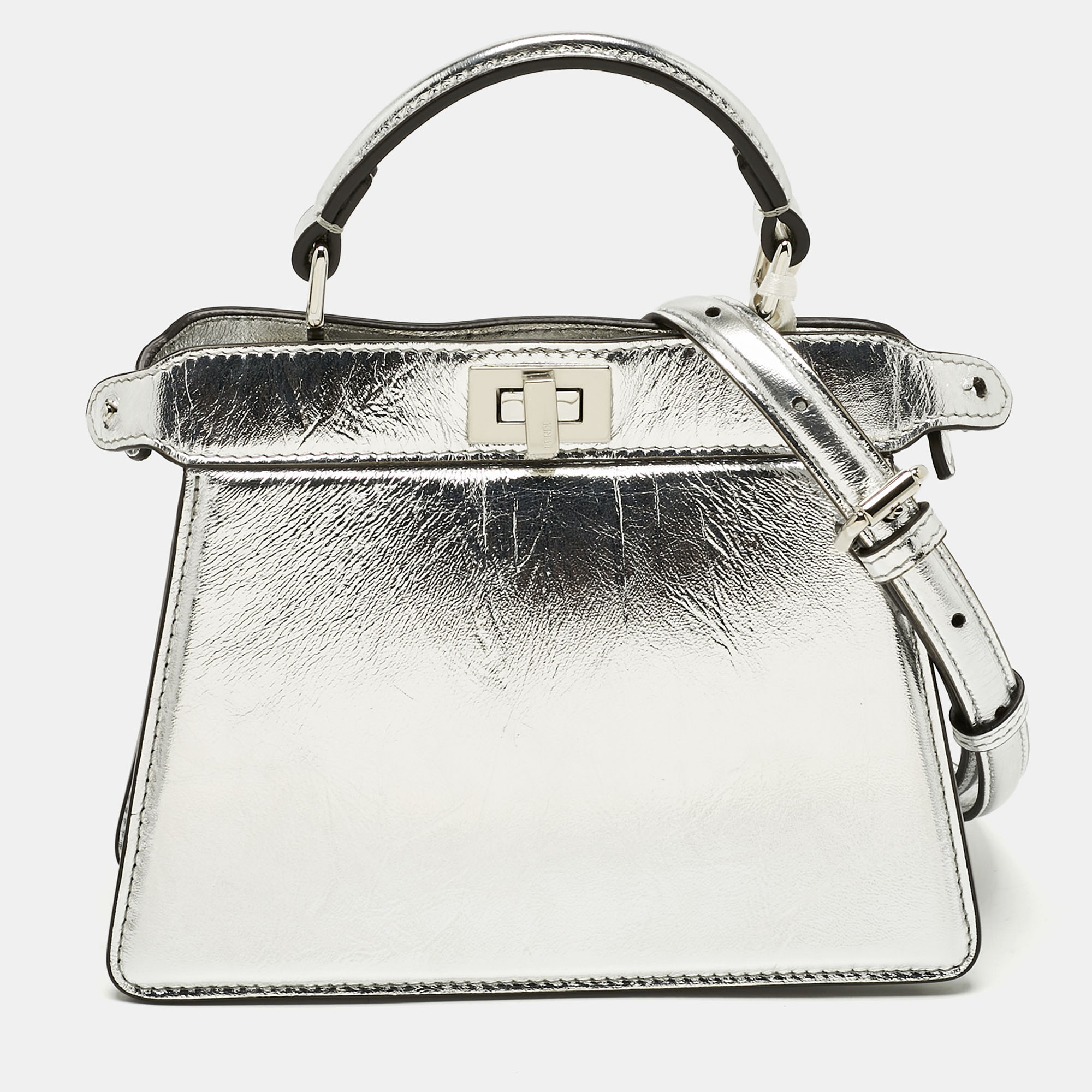 

Fendi Silver Leather Petite Peekaboo ISeeU Top Handle Bag