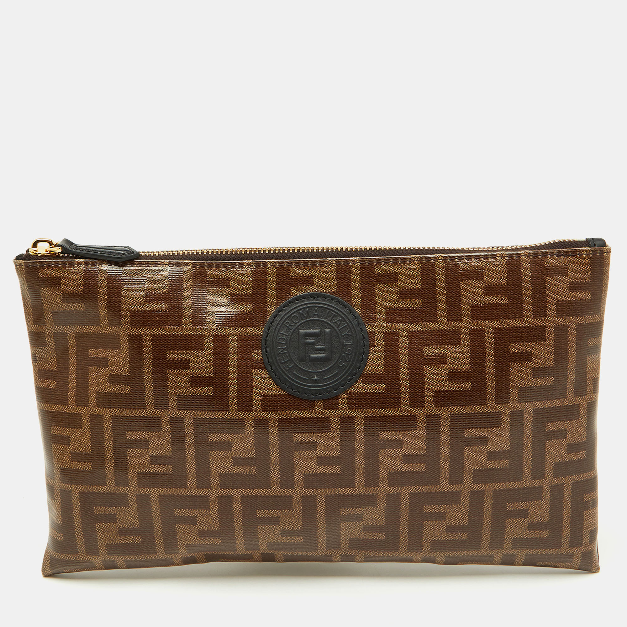 Pre-owned Fendi Brown Zucca Coated Canvas Ffreedom Flat Pouch