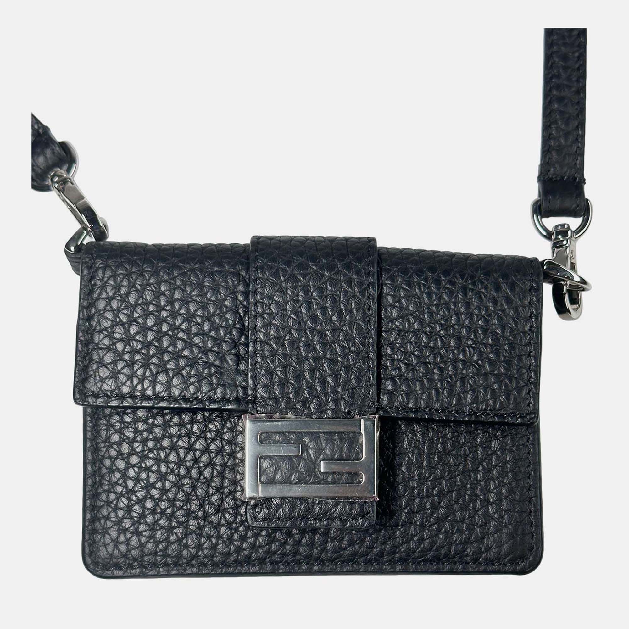 Fendi Black Micro Flat Baguette Cardholder With Strap