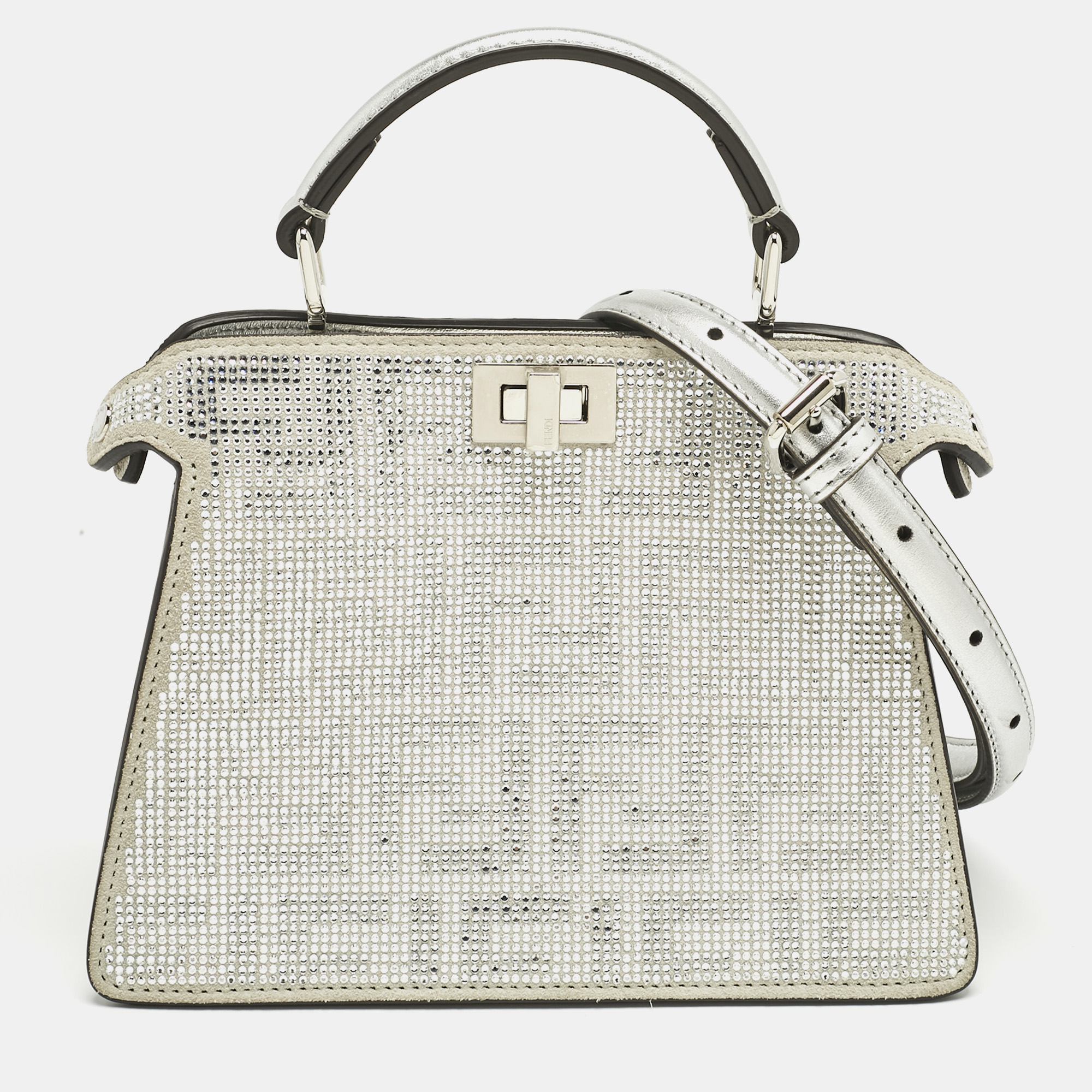 

Fendi Silver FF Suede Crystal Petite Peekaboo ISeeU Top Handle Bag