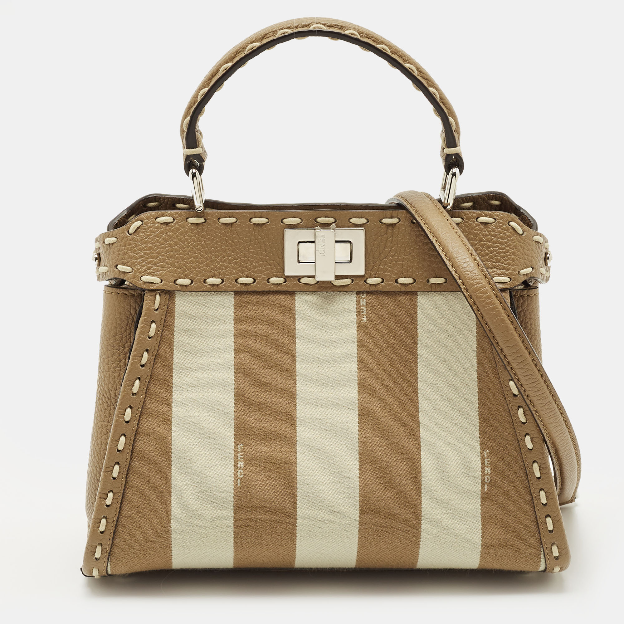 Pre-owned Fendi Brown Marco Stitch Selleria Leather Pequin Fabric Mini Peekaboo Top Handle Bag
