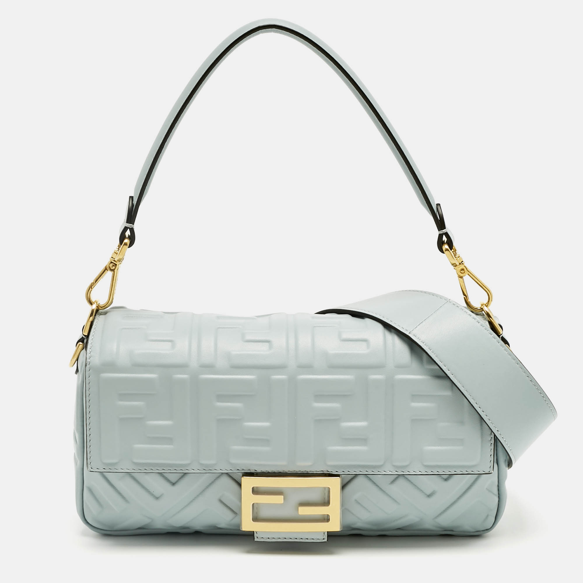 

Fendi Light Blue Zucca Embossed Leather Medium Baguette Bag