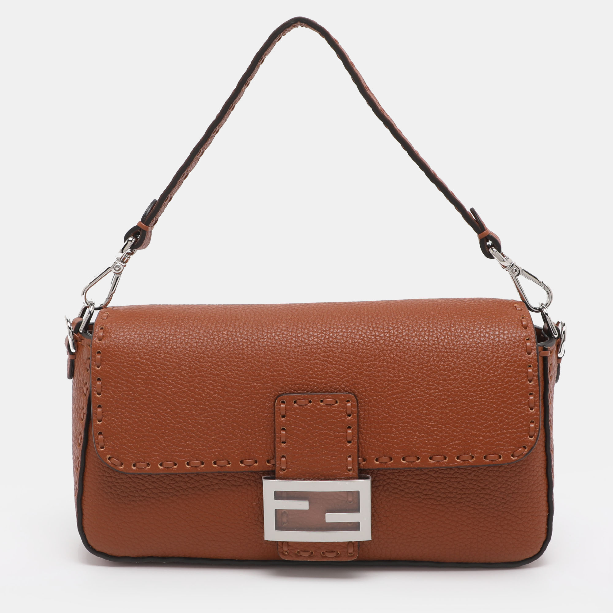 Click to view more detailed imagery on our partner's website Pre-owned Fendi Brown Leather Metal Stitch Baguette Bag