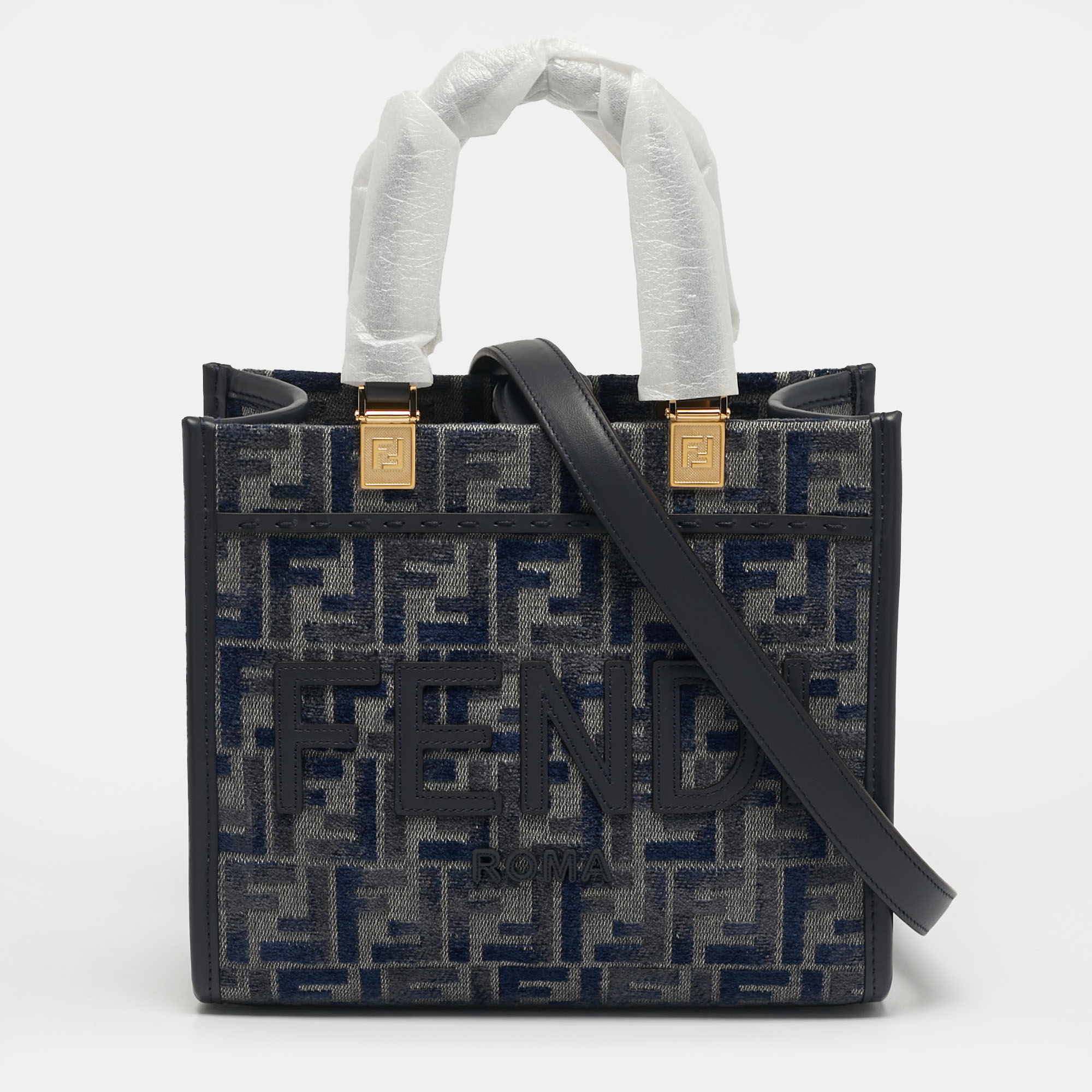 Pre-owned Fendi Sunshine Small Navy Blue Ff Woven Fabric And Leather Tote