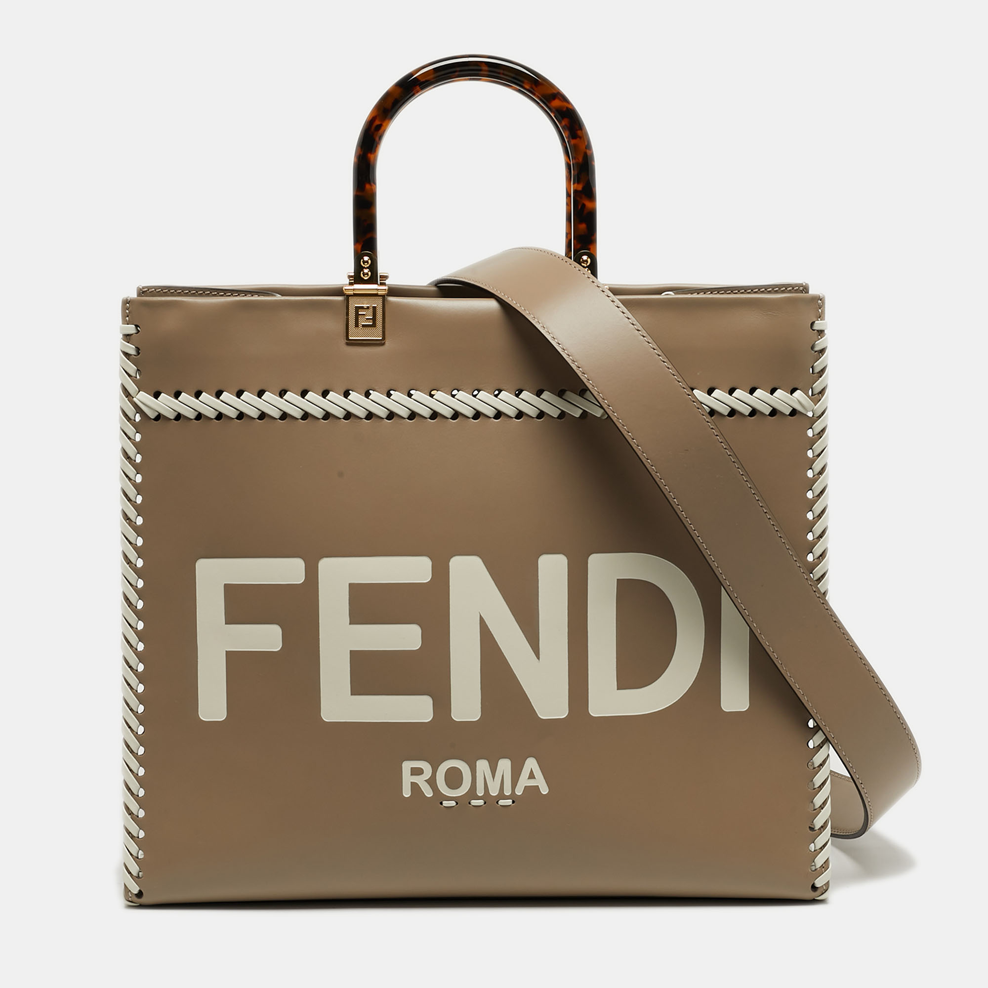 

Fendi Sunshine Whipstitch  Beige/White Leather Shopper Tote