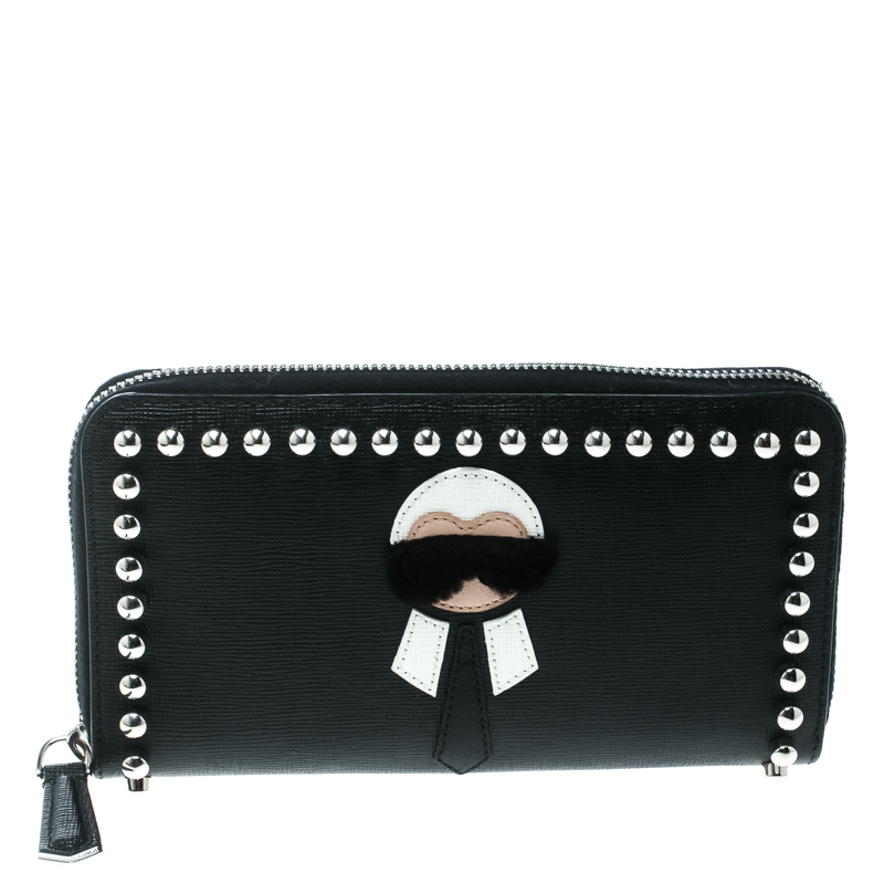 Pre Owned Fendi Black Leather Karlito Zip Around Wallet