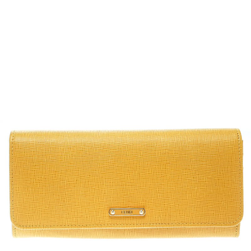 Pre Owned Fendi Yellow Leather Crayons Continental Wallet