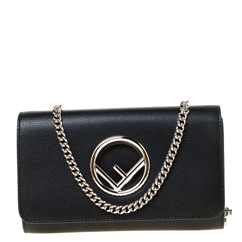 Pre Owned Fendi Black Leather Wallet on Chain