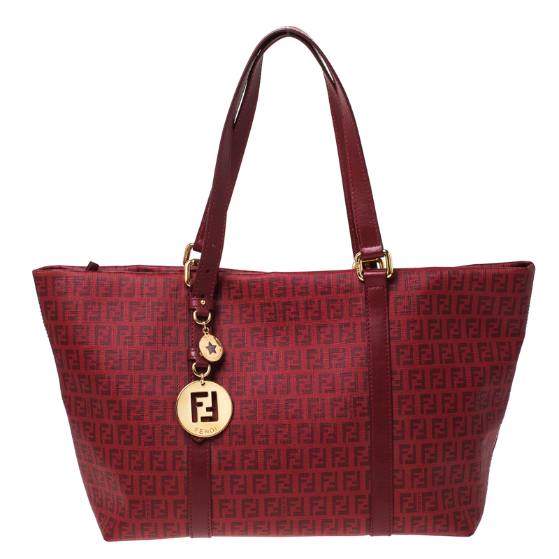 Fendi Red Zucchino Coated Canvas and Leather Superstar Shopper Tote