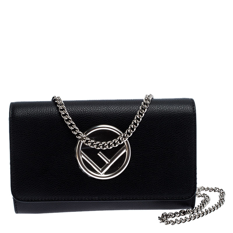 Pre Owned Fendi Black Leather F Chain Clutch