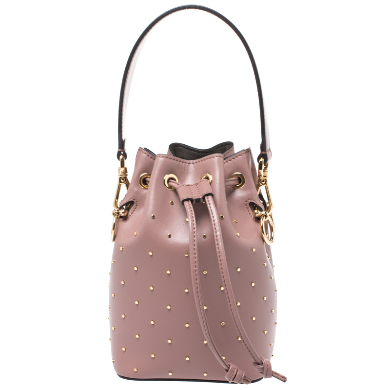 Pre Owned Fendi Rose Pink Studded Leather Mini Mon Tresor Drawstring Bucket Bag