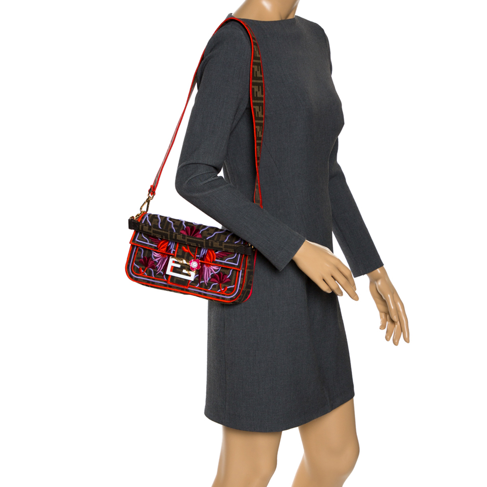 

Fendi Tobacco Zucca Canvas and Multicolor Embroidered Convertible Baguette Bag