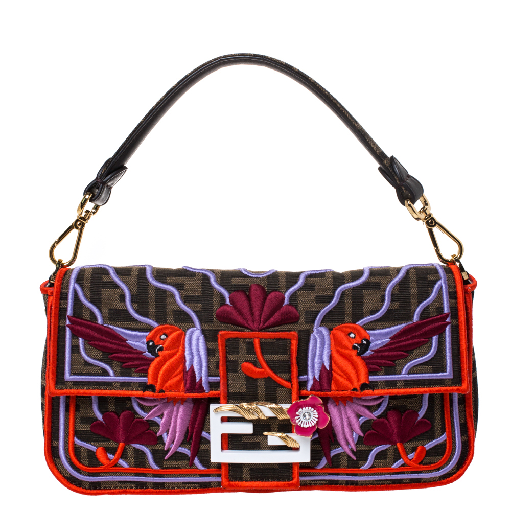 Fendi Tobacco Zucca Canvas and Multicolor Embroidered Convertible Baguette Bag