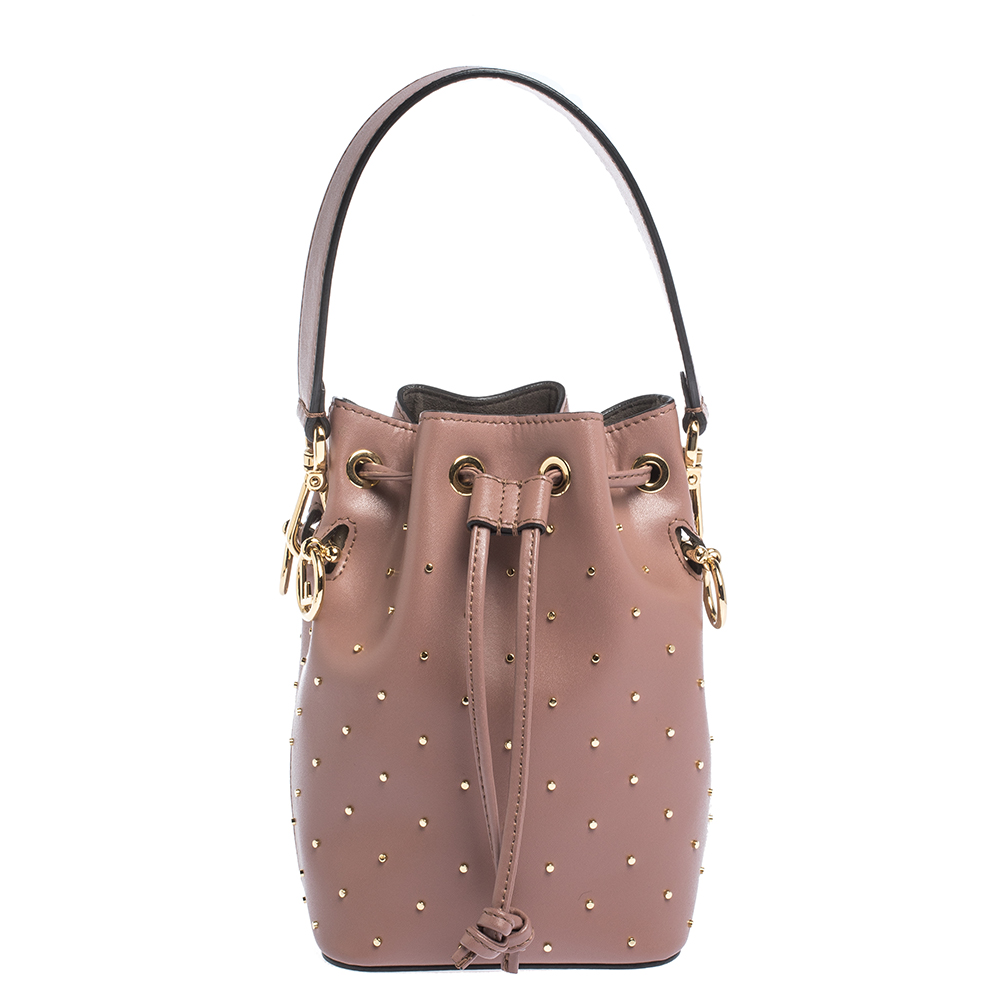 Pre Owned Fendi Old Rose Leather Srtudded Mon Tresor Shoulder Bag