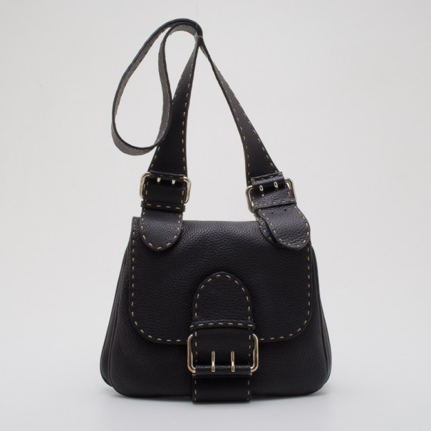مملوكة مسبقًا Fendi Black Leather Selleria Shoulder Bag
