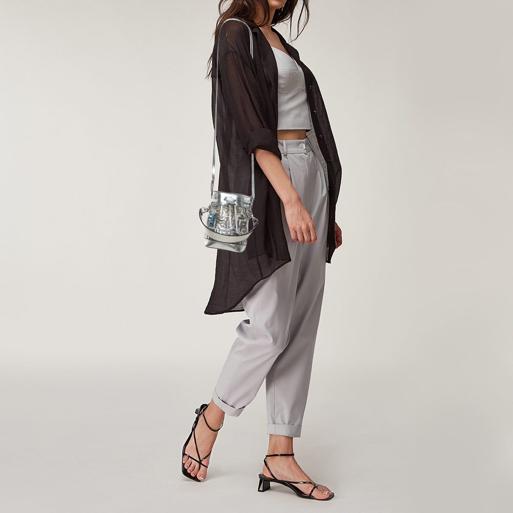 

Fendi Silver PVC and Leather Mini Sequin F Mon Tresor Drawstring Bucket Bag