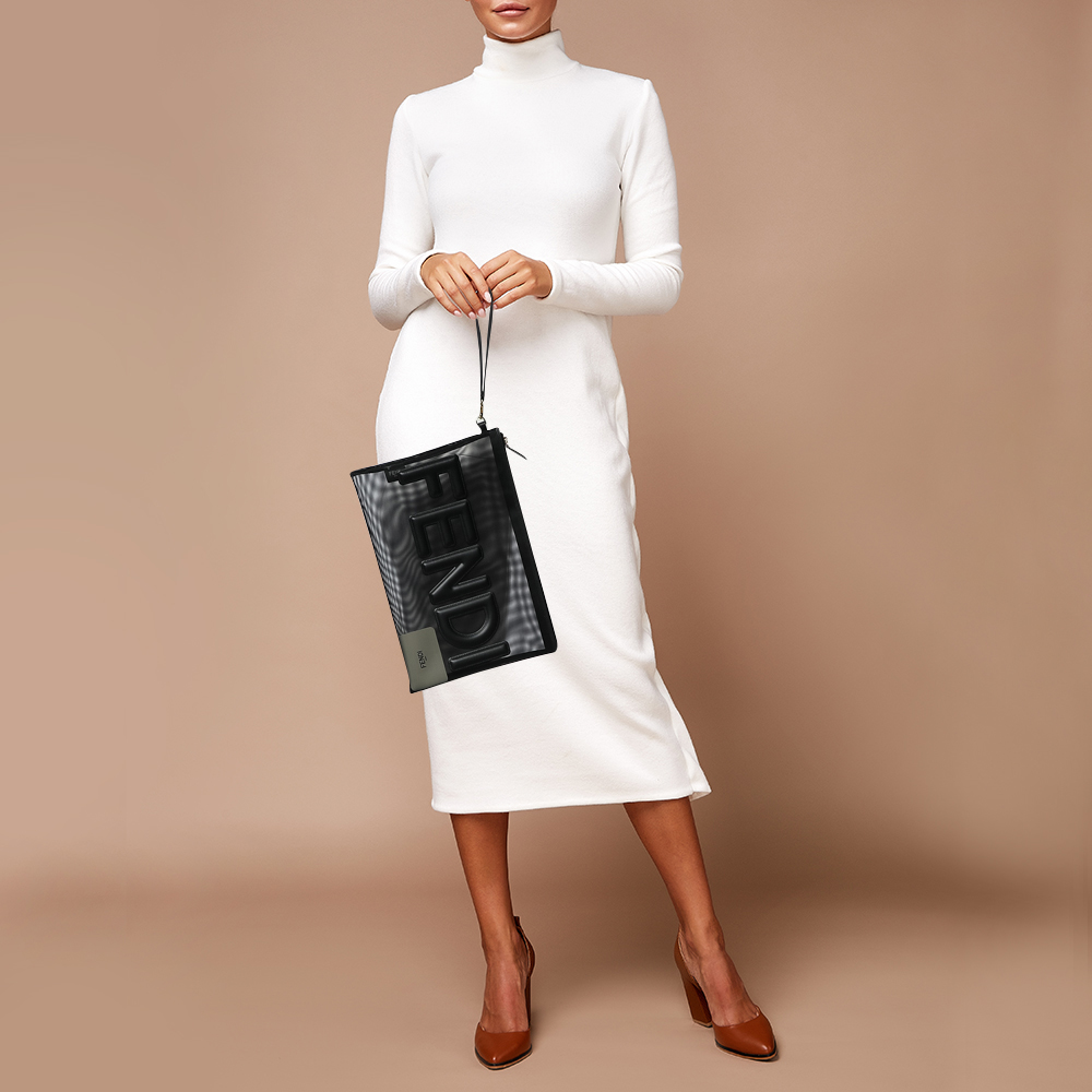 

Fendi Black Mesh and Leather Large Logo Flat Pouch