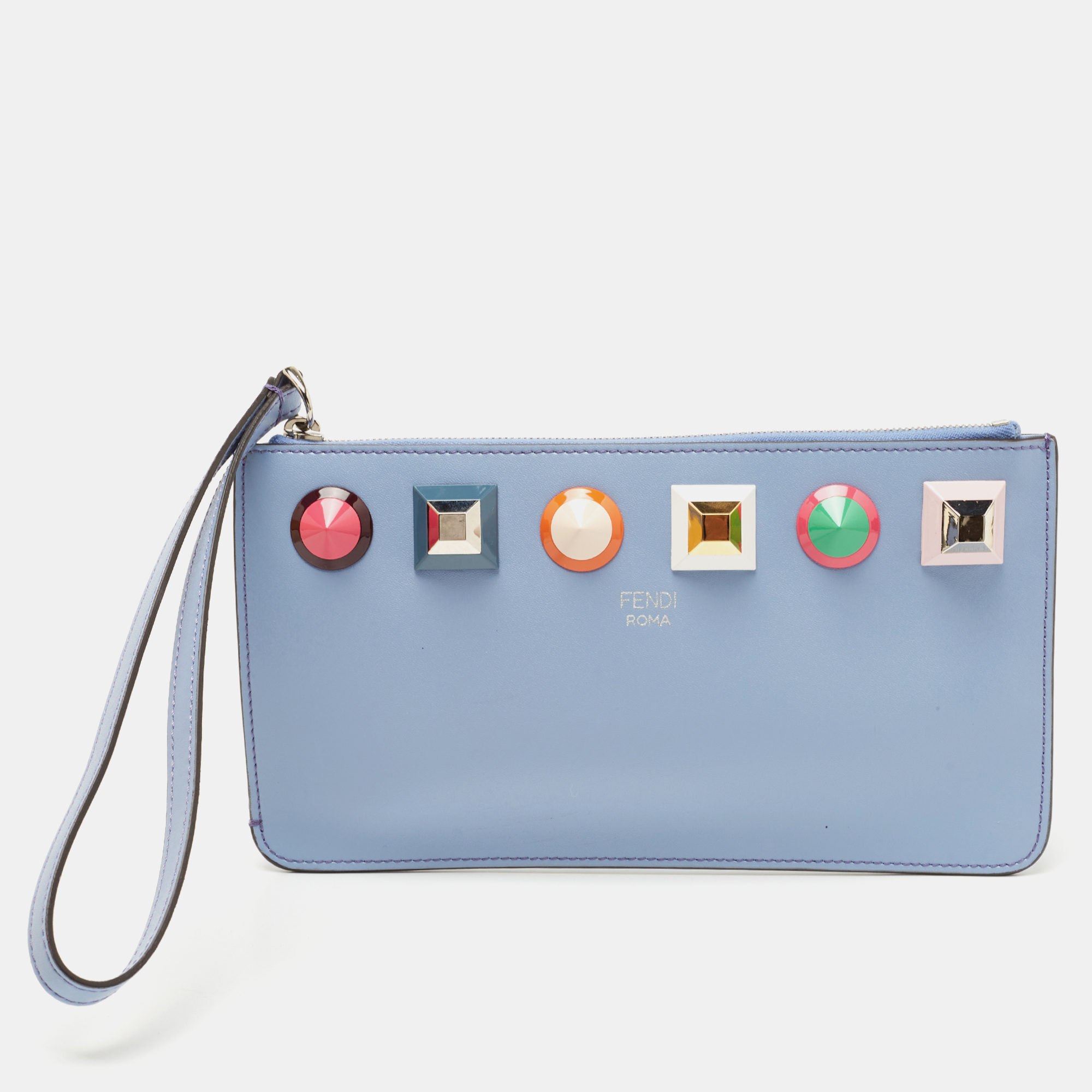 Pre Owned Fendi Light Blue Leather Studded Wristlet Pouch