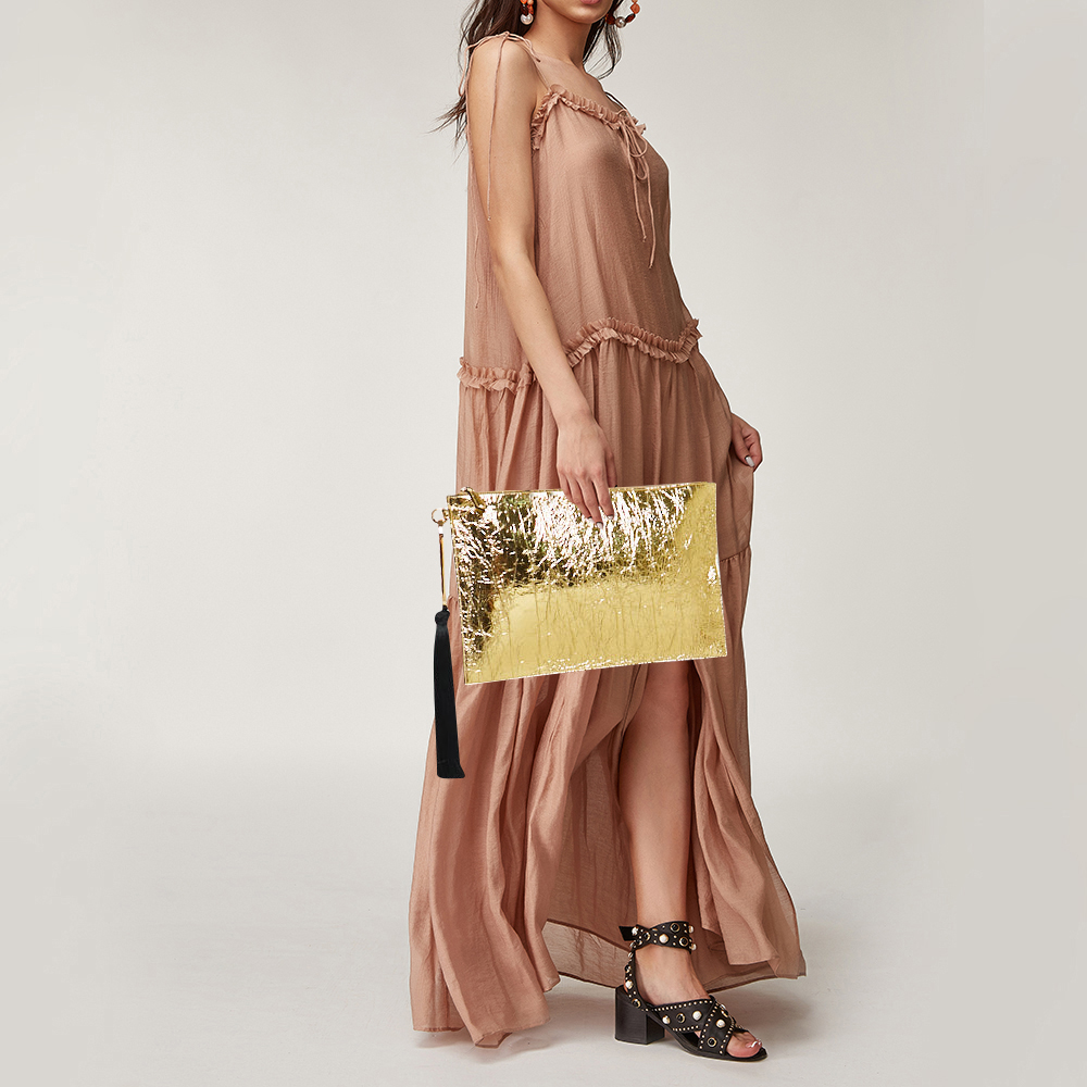 

Fendi Gold Laminated Leather FF Tassel Clutch