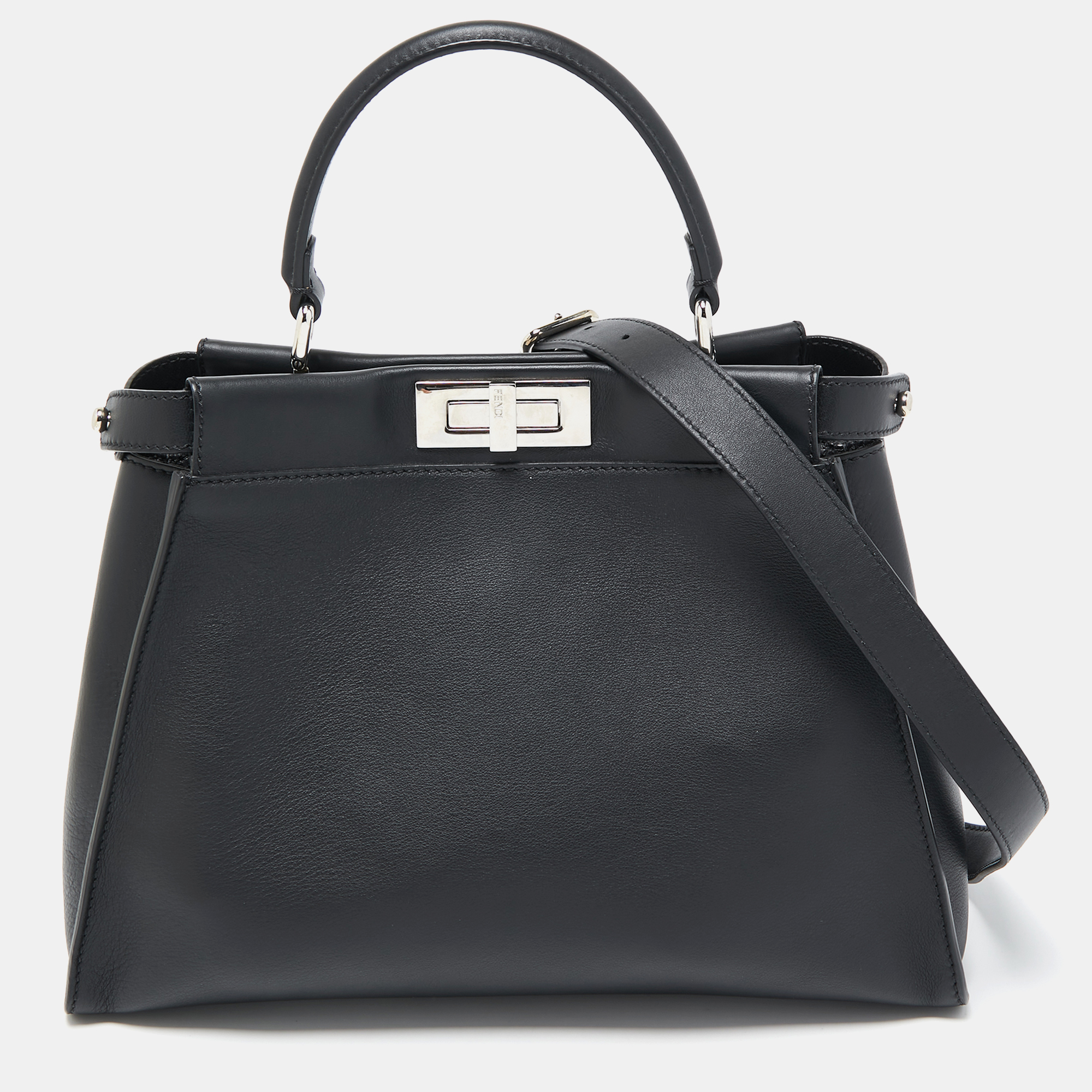 Pre Owned Fendi Black Leather Medium Peekaboo Snakeskin Lining Top Handle Bag