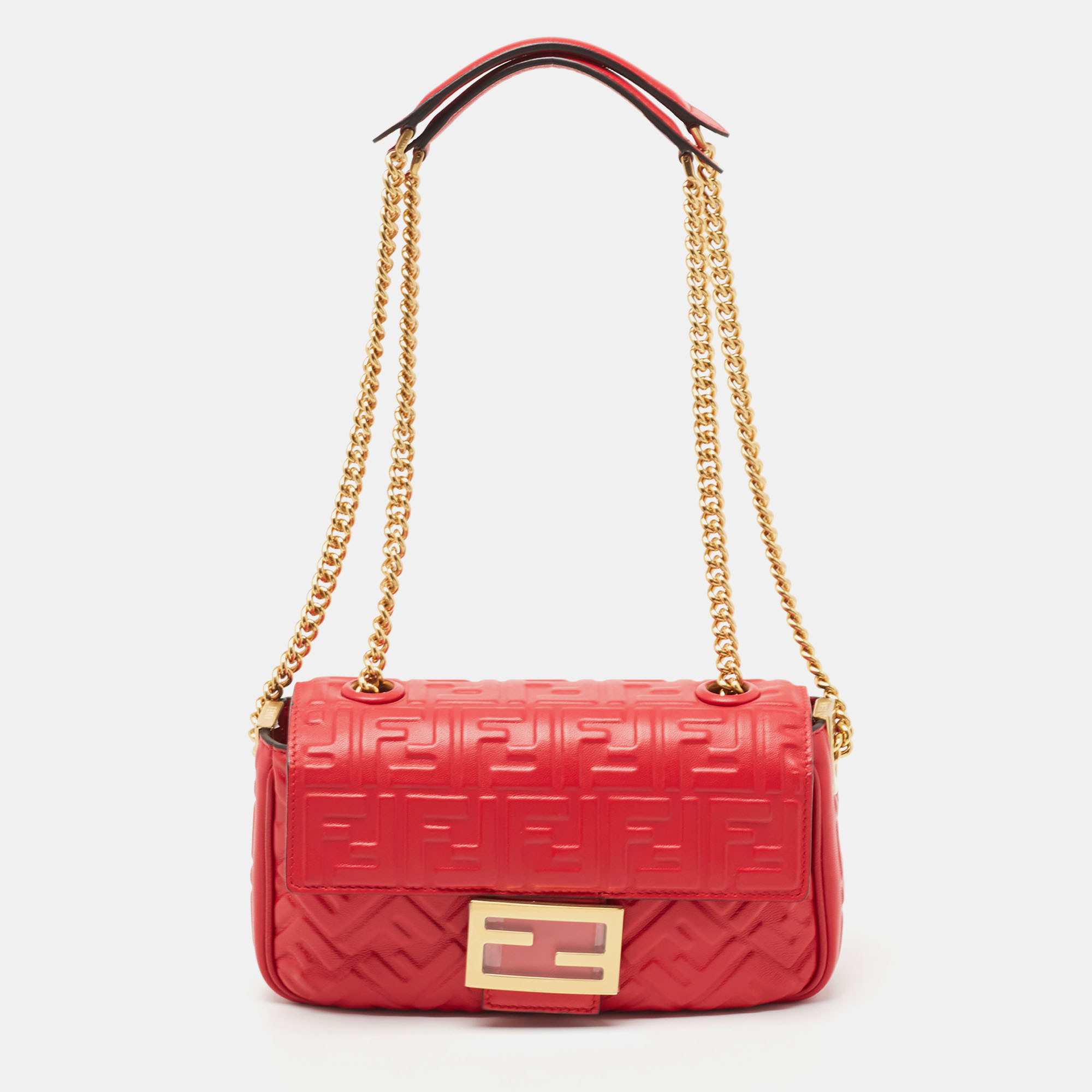 Pre-owned Fendi Red Ff Embossed Leather Midi Chain Baguette Bag