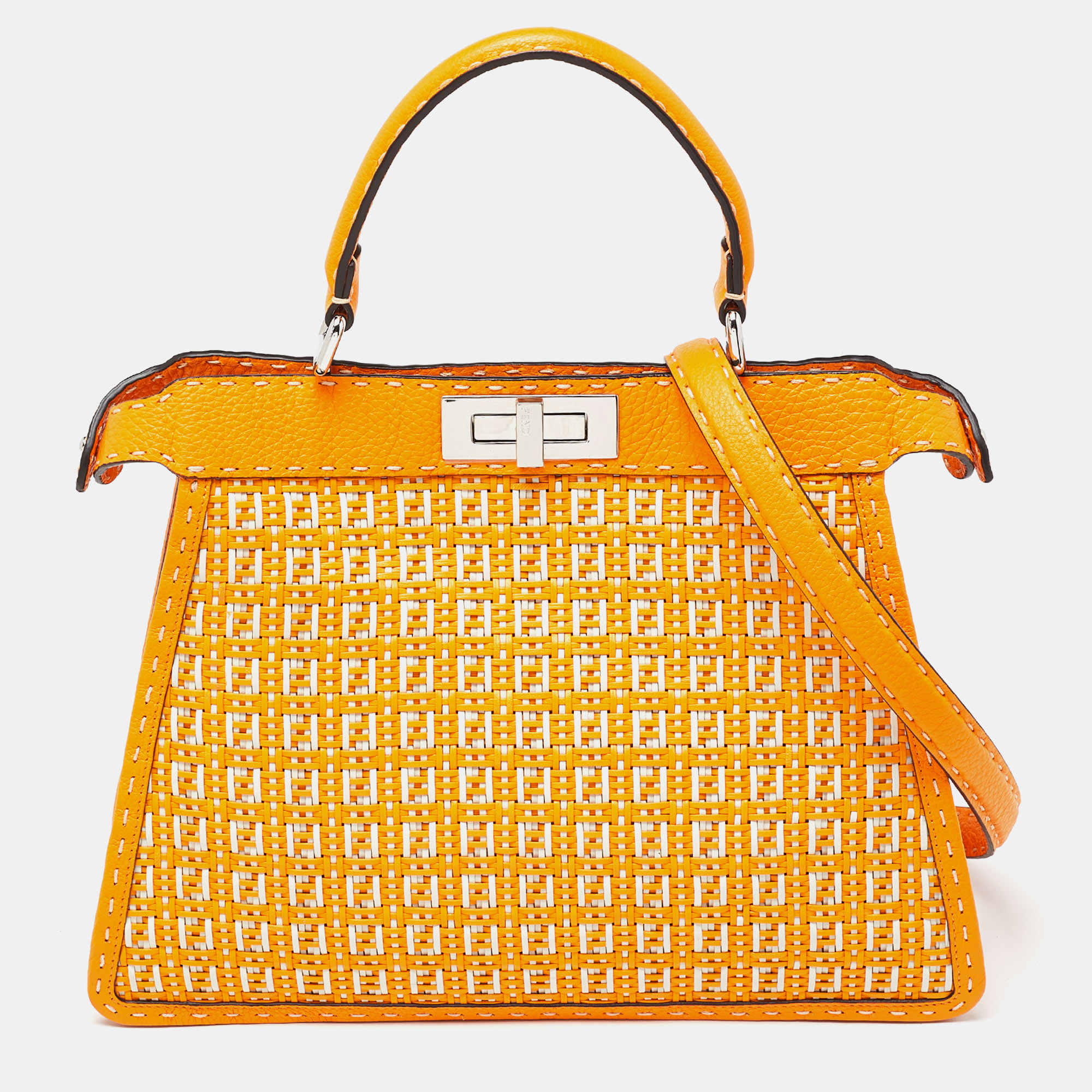 

Fendi Orange/White Interlace Leather Medium Peekaboo ISeeU Top Handle Bag