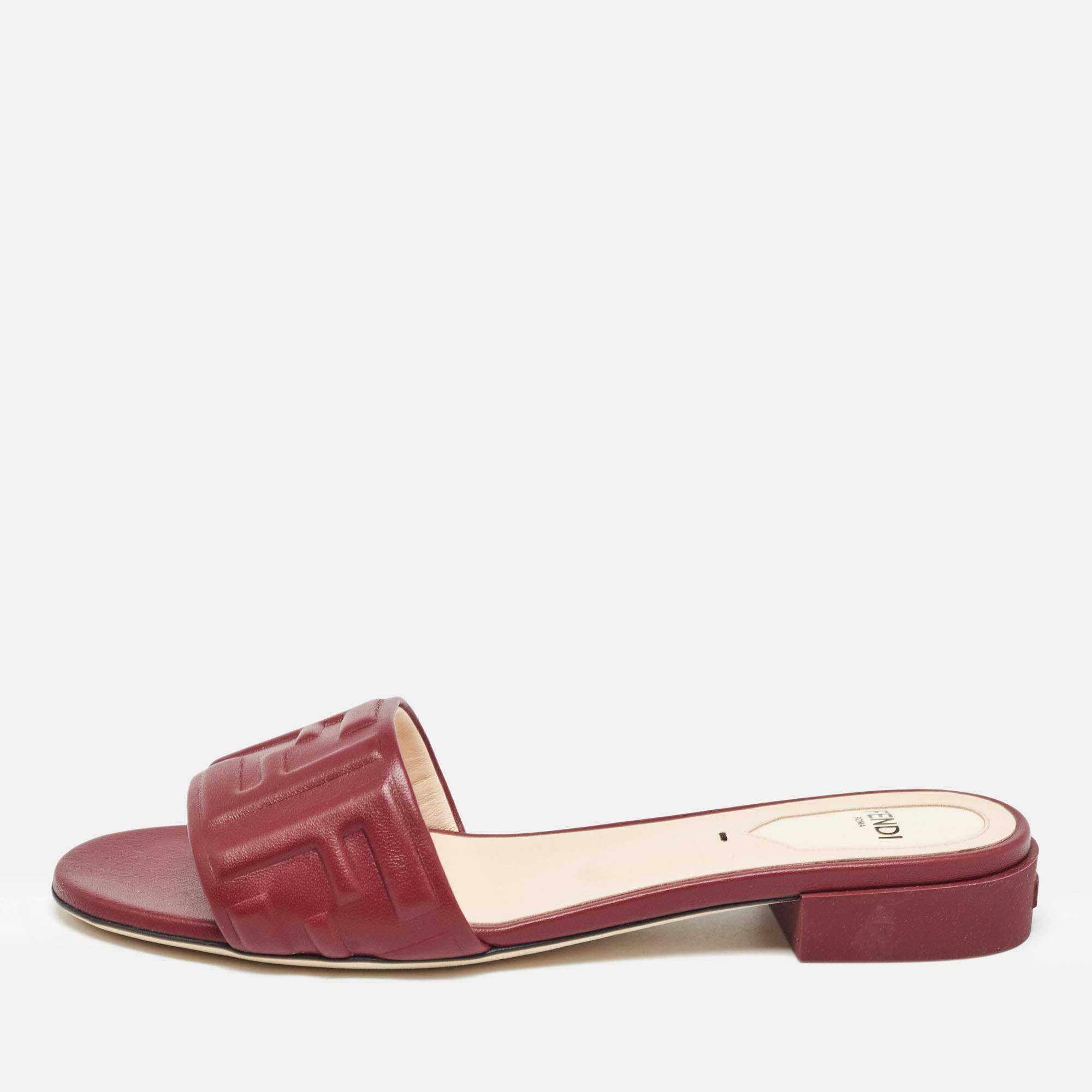 

Fendi Burgundy Leather FF Flat Slides Size