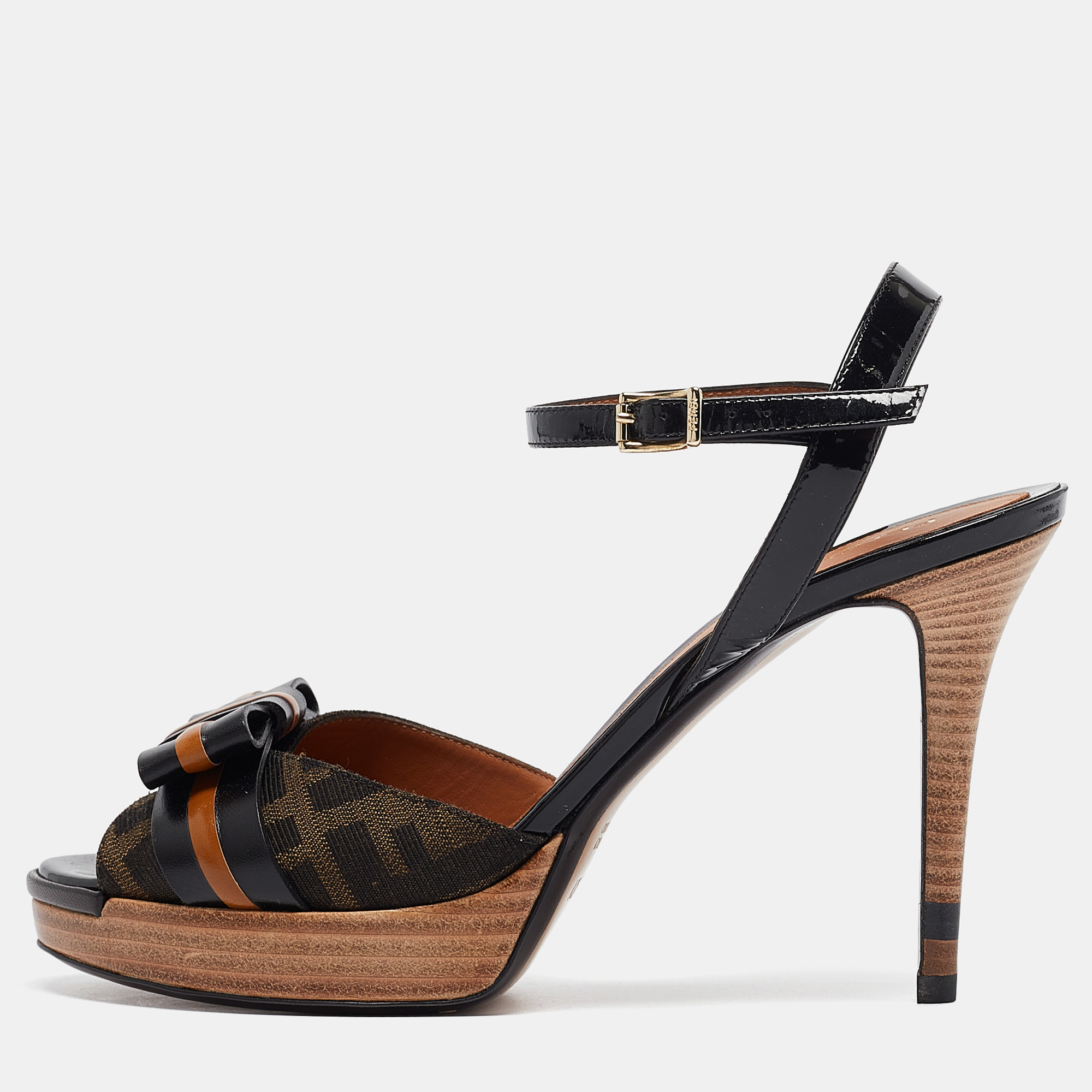 

Fendi Black/Brown Canvas And Leather Bow Pep Toe Ankle Strap Sandals Size