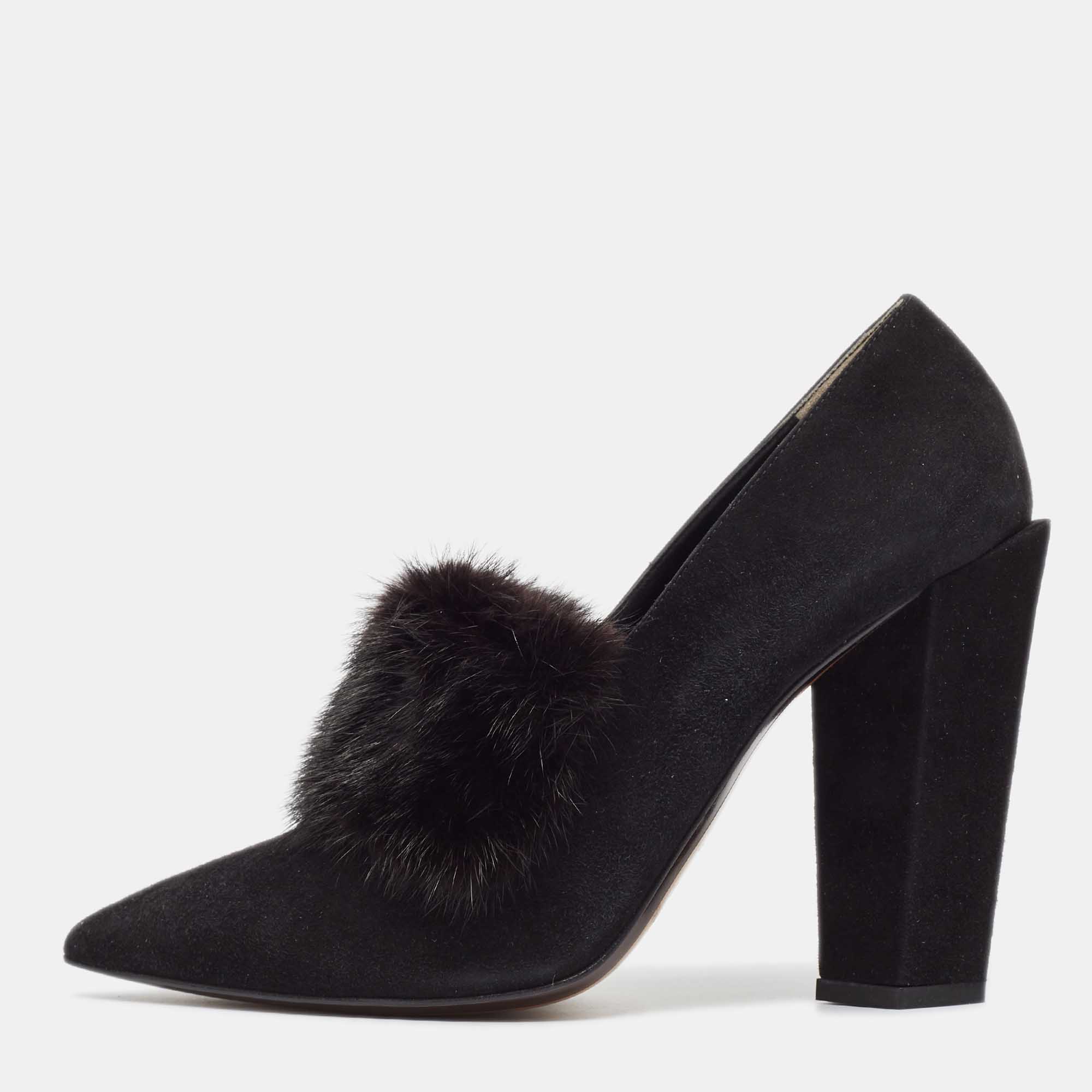 Pre-owned Fendi Black Mink Fur And Suede Block Heel Pumps Size 39