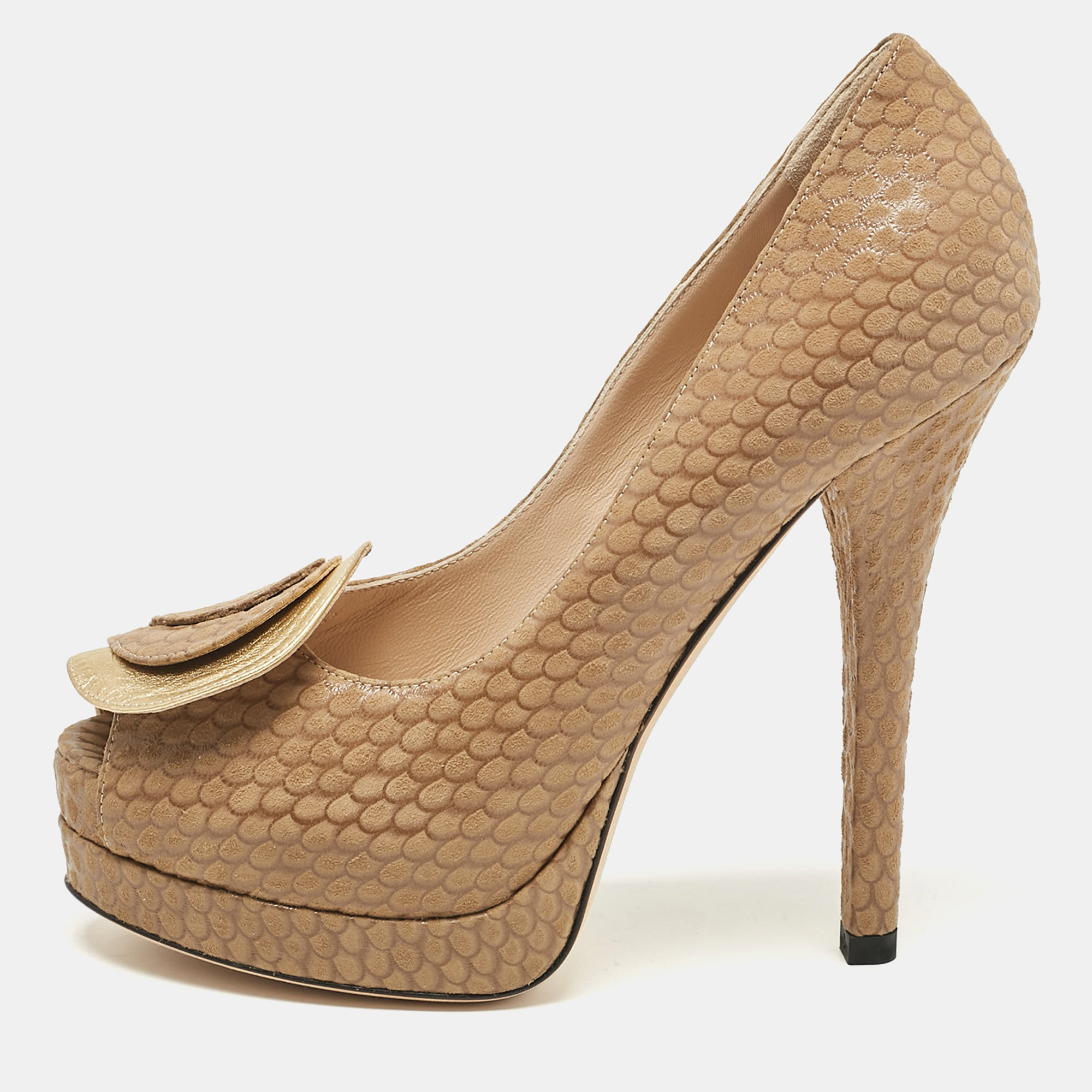 

Fendi Brown/Gold Printed Suede and Leather Peep Toe Platform Pumps Size