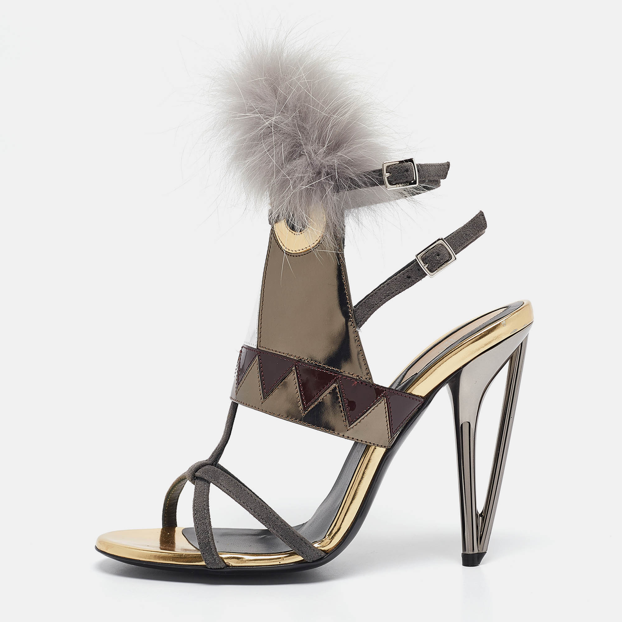 

Fendi Grey Leather and Fur Monster Eyes Ankle Strap Sandals Size