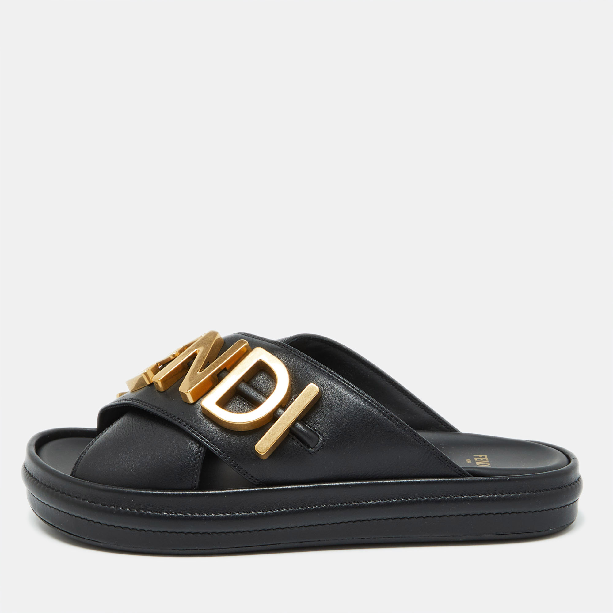 

Fendi Black Leather Fendigraphy Flat Slide Sandals Size