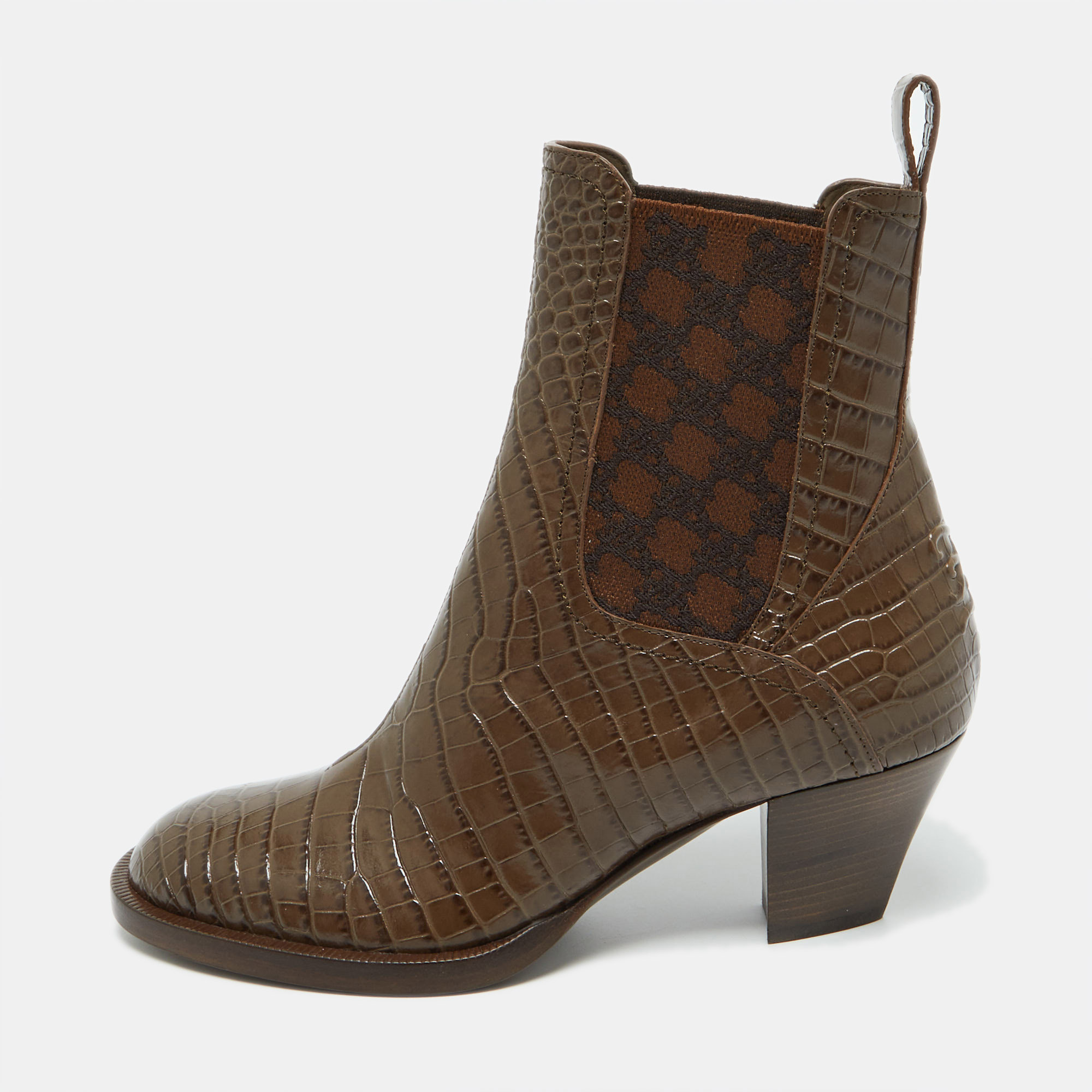 

Fendi Brown Croc Embossed Leather Karligraphy Ankle Boots Size